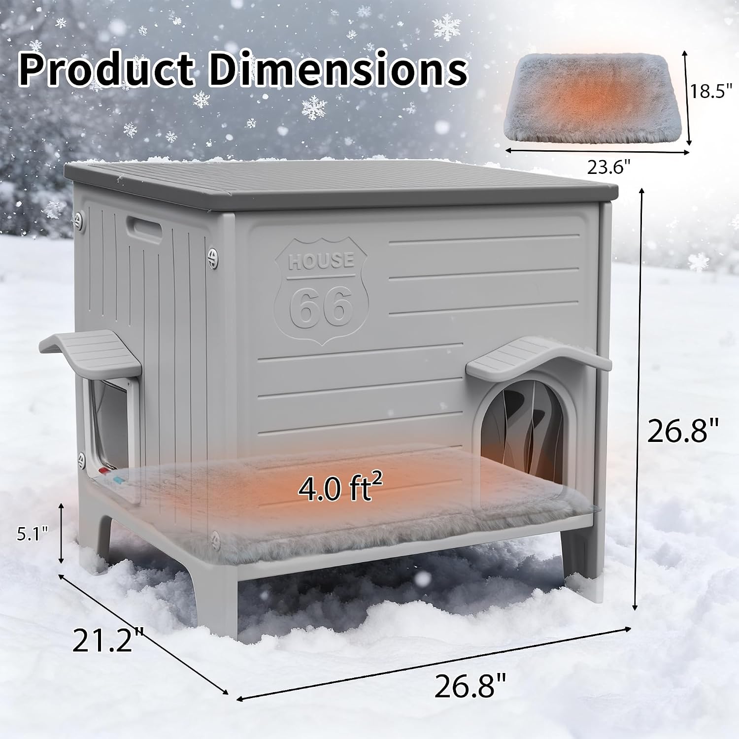 Rockever Waterproof Cat House for Outdoor Cats, Insulated Outdoor Cat House with Soft Mat, Elevated Feral Cat House Outdoor Indoor, Safe Escape Door, Spacious and Clean Easily(L,Grey with Mat)