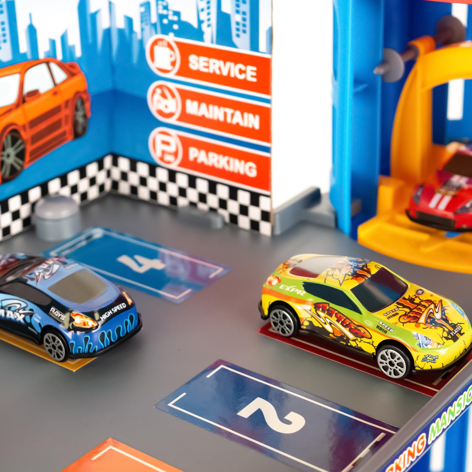 CELMAN Juego de Aparcamiento para niños – Multilevel Coche de Juguete Aparcamiento con Ascensor Manual Incluye 8 Coches de Metal, helicóptero y Accesorios, Juguete para niños a Partir de 3, 4, 5, 6,