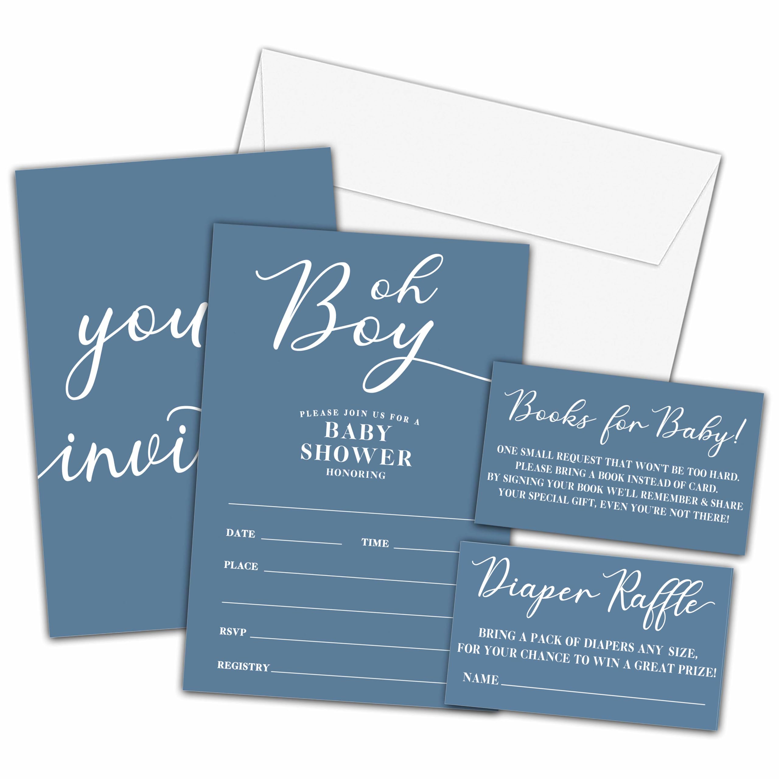 KFNER Boy Baby Shower Invitations Set, Modern Minimalist Invitations with Envelopes, Dusty Blue Diaper Raffle Tickets and Book Request Cards, Oh Boy