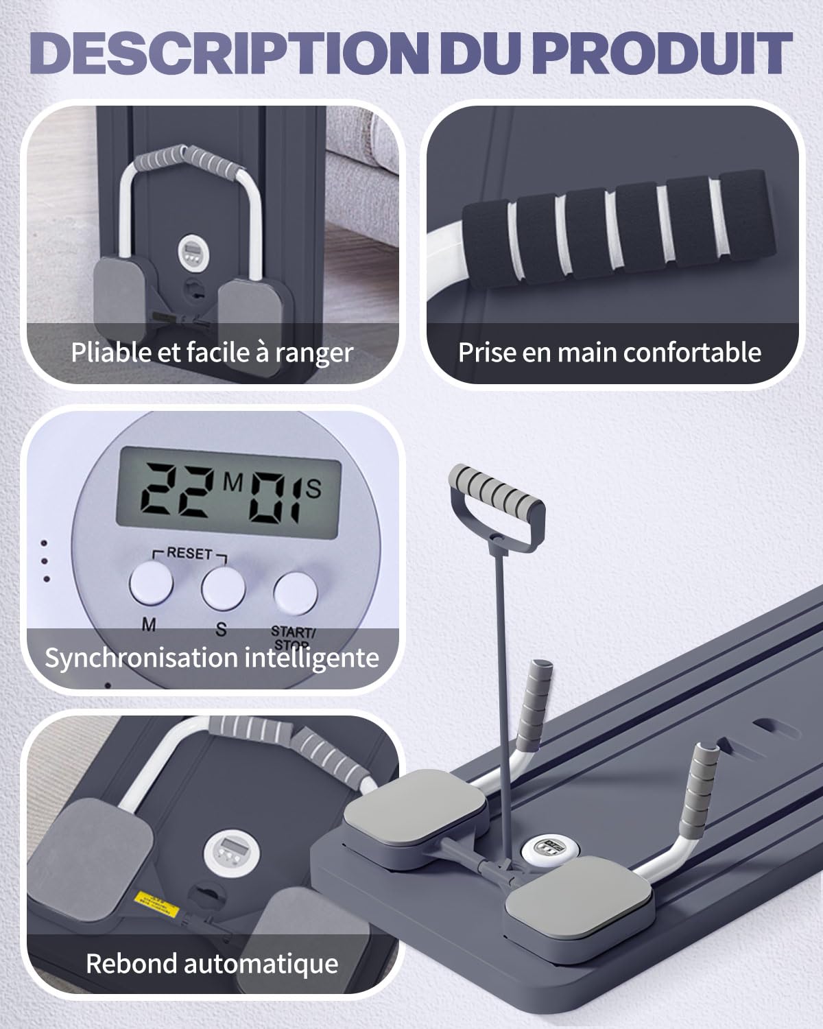 Kit Pilates Reformer 5 en 1 Pliable avec Compteur LED, Rouleau à Rebond Automatique et Planche Multifonction, pour Entraînement Complet du Corps à Domicile et en Salle, Renforcement Abdominal et Tronc