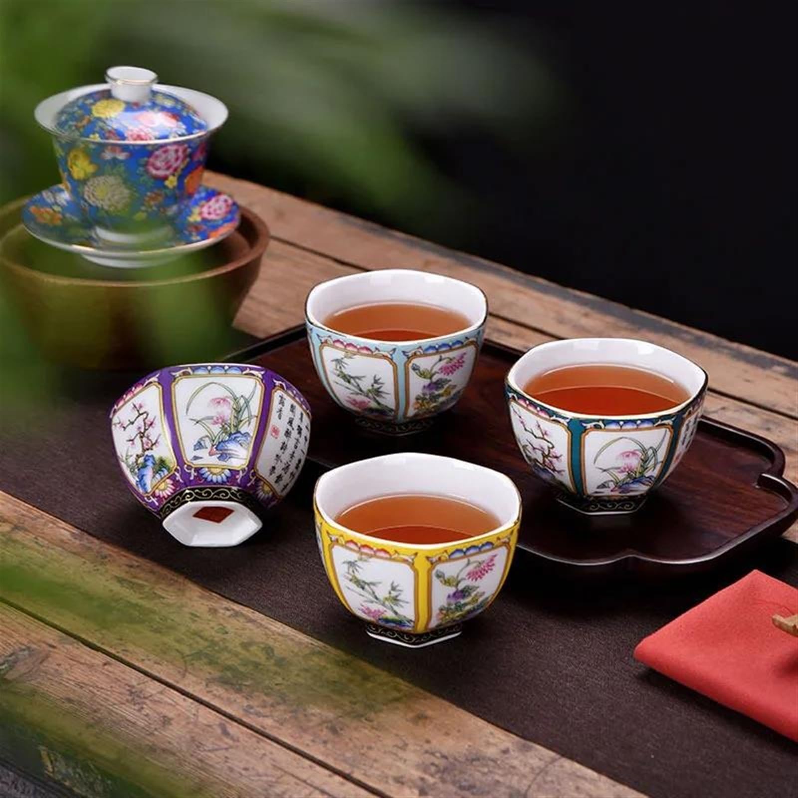 Teeservices Emailliertes Keramik-Retro-Kung-Teeservice Große Teetasse Teeschale Sechseckige Tassen Chinesisches Teeservice Blumenteetassen Reiseteeservice Teekanne (A)