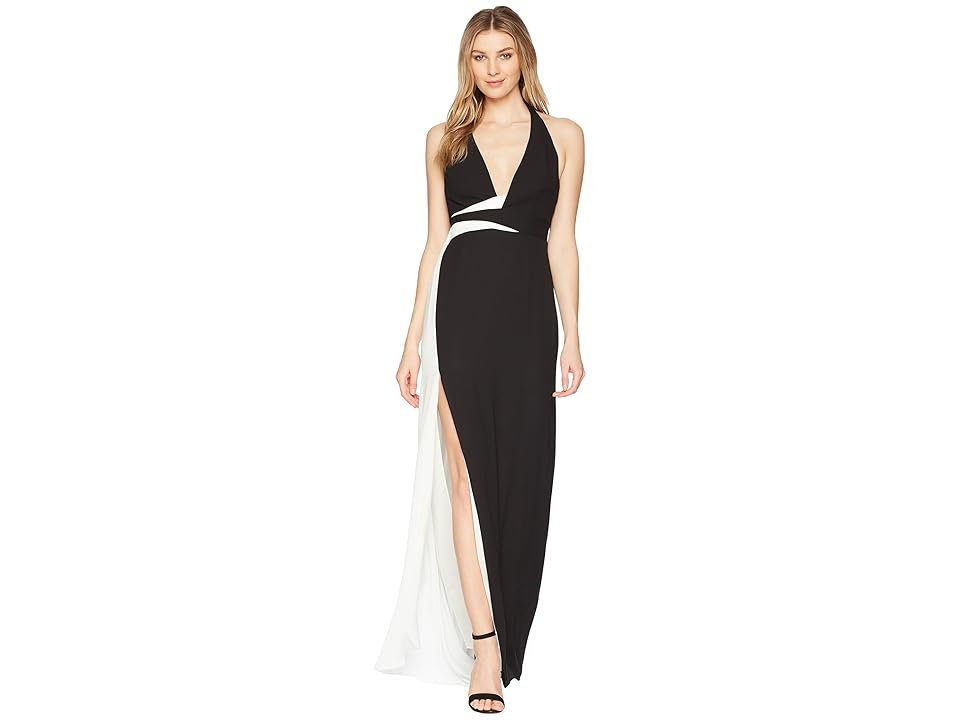 

Halston Heritage Sleeveless V-Neck Gown w/ Contrast Sash (Black/Chalk) Women's Dress