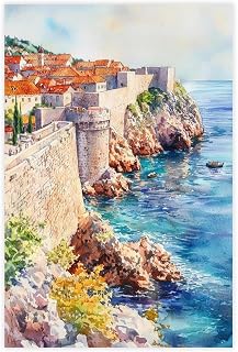CFIOZYOS Dubrovnik Watercolor Poster Dubrovnik Travel Print Croatia Wall Art Old Town Painting Souvenir Coastal Decor Living Room Office Bedroom Canvas Deco Unframe 16x24inch