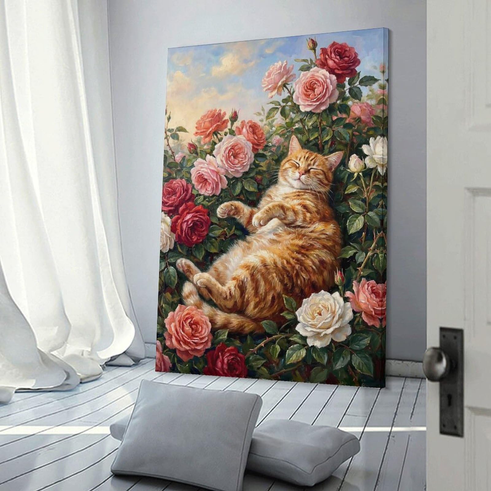 Junmoney Frame-Style-18-1 Wall Decor Canvas Print Cat Sleeping Among Roses, 24X36inch(60X90cm), For Bedroom, Lounge Or Dressing Area, Stylish Decor For A Restful Room Update