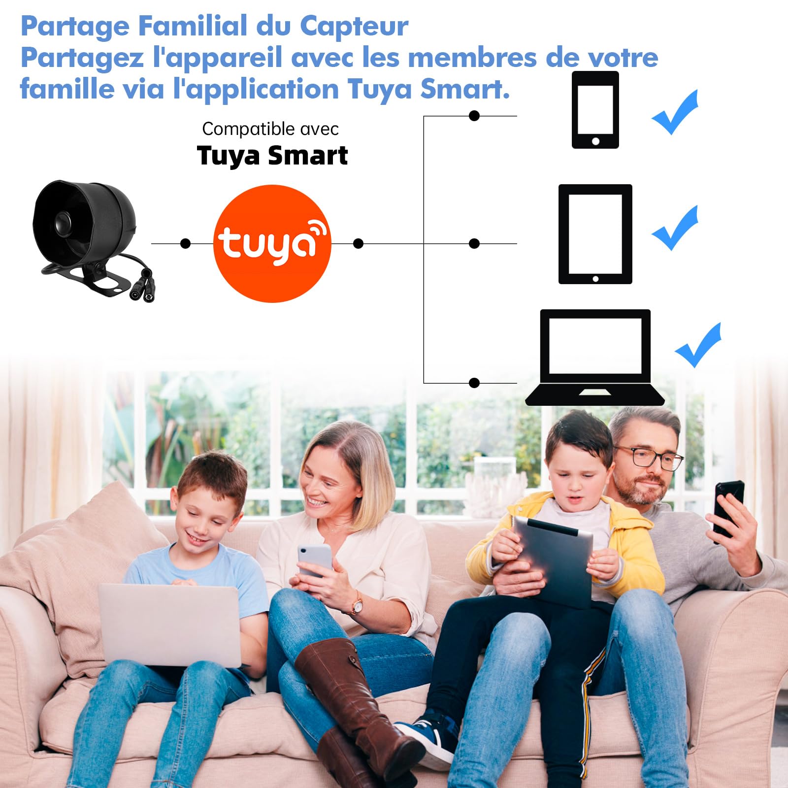 WIFIAlarme Maison sans Fil, Sirène Alarme Exterieure 115 DB, Capteur D'Alarme De Porte, Alarme Detecteur De Mouvement Et TéLéCommande(Noir)