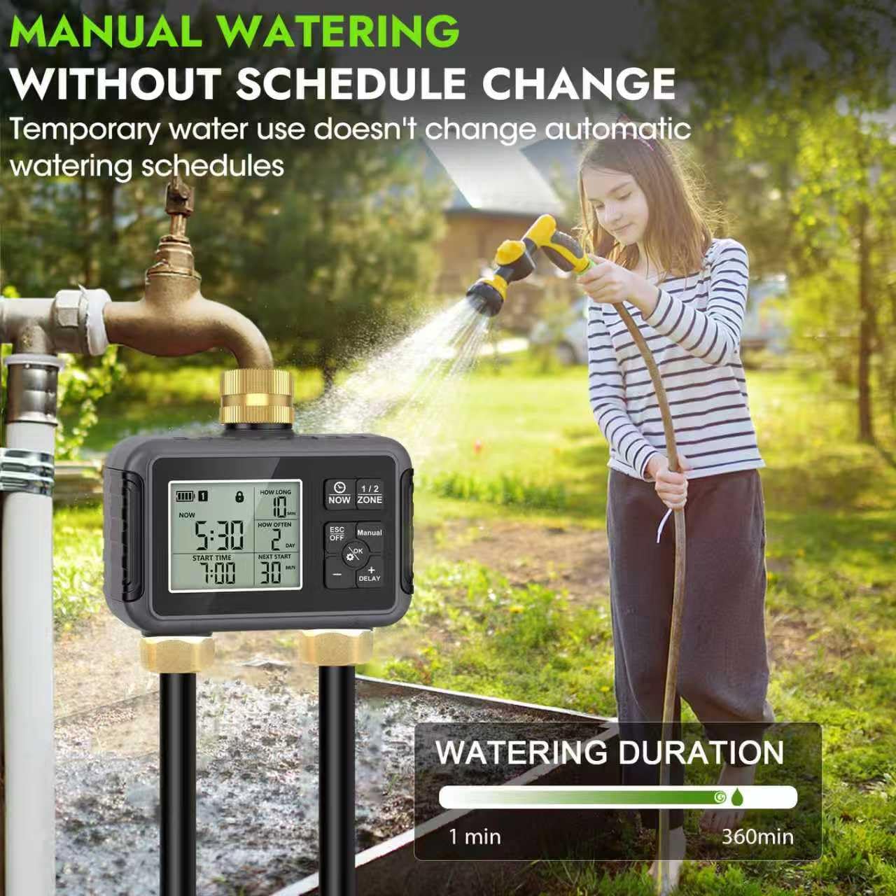Sistema di irrigazione a goccia da 30 m con timer intelligente – Kit di irrigazione automatica da giardino con connettori in ottone a doppio tubo metallico, ugelli regolabili a 360° e tubo pieghevole
