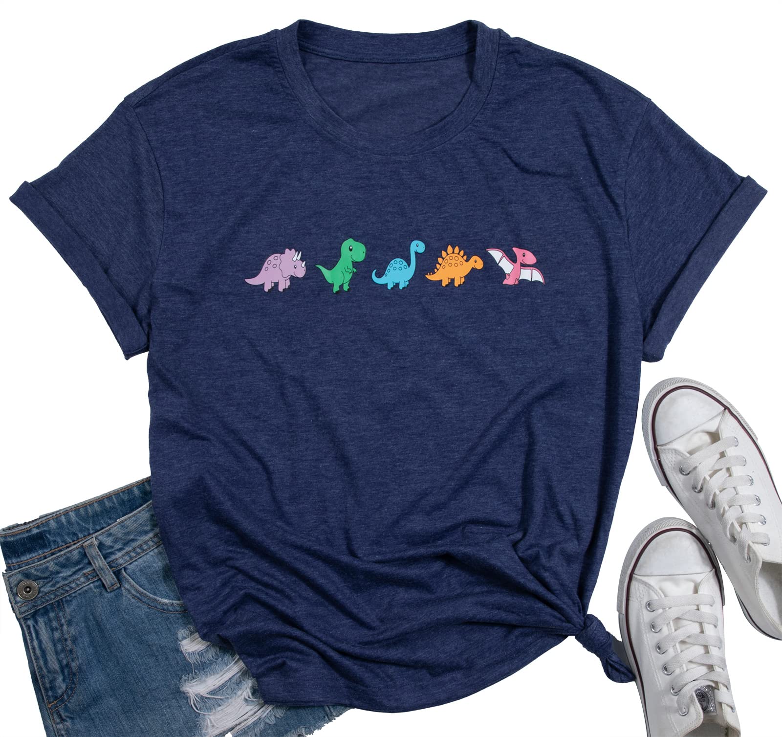 LOTUCYWomen Dinosaurs Shirt Cut Teacher Tshirt Dinosaur Graphic Summer Short Sleeve Loose Tee