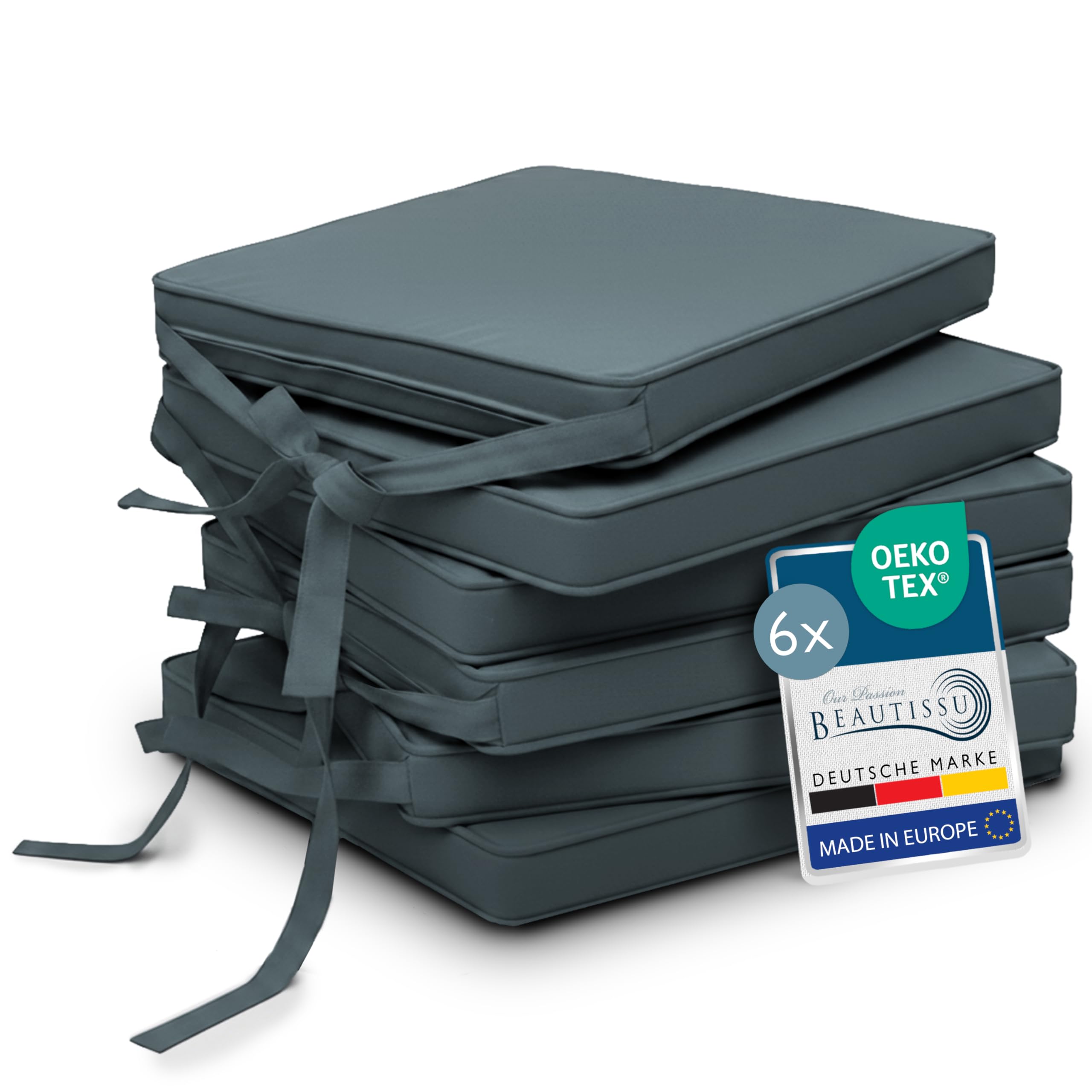 Beautissu Cuscini per sedie in Set da 6 unità Loft SK 45x40x5 cm - Comodi e Resistenti - con Pratico Laccio - Blu-Grigio