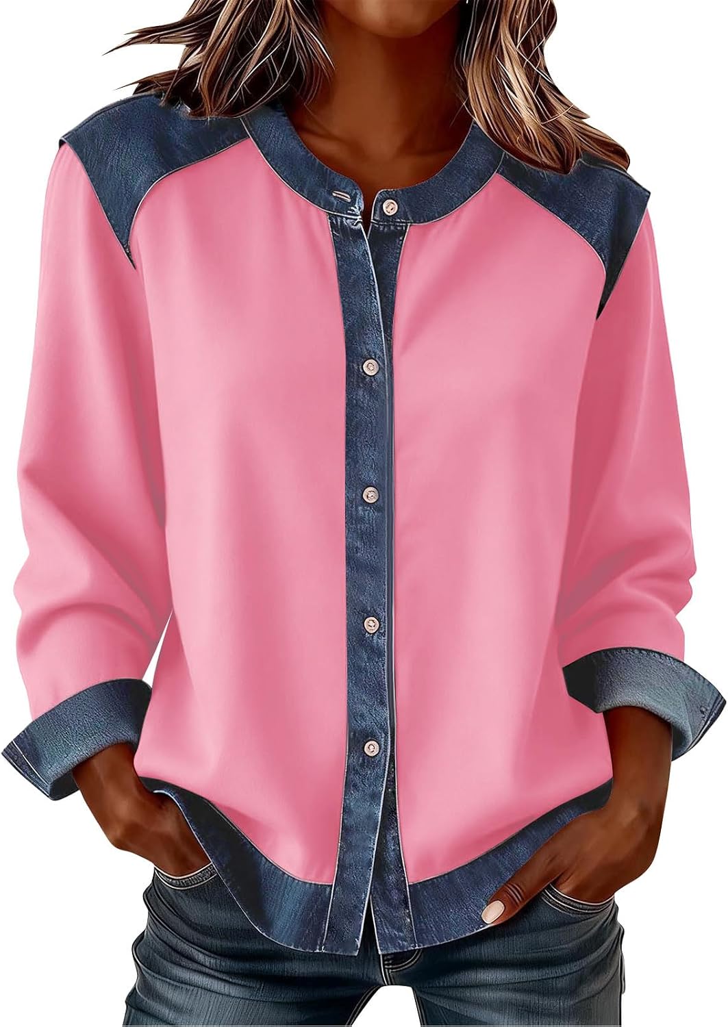 Denim Patchwork Shirts for Women:Fashion Button Down Long Sleeve Open Front Top Loose Fit Workout Lightweight Coats