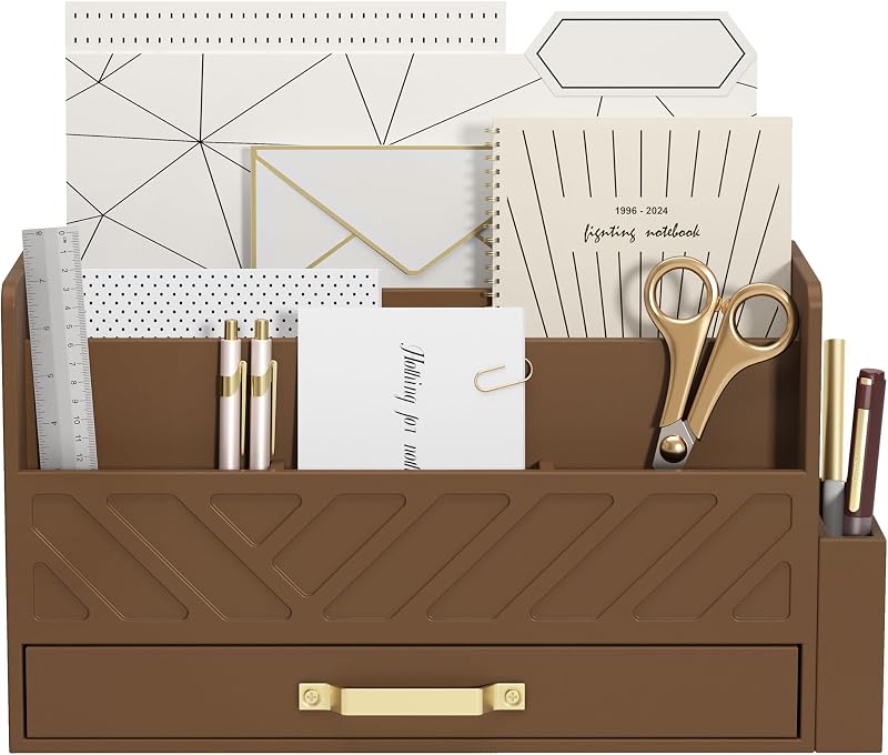 Bamboo Mail Organizer Countertop Pen Holder Wooden Desktop Storage Drawers | Wood Desk Drawer,Letter Sorter,Makeup Organizer,Bill Mail Organizer,5 Slot Desk File Organizer for School Home Office Supplie