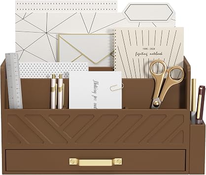 Bamboo Mail Organizer Countertop Pen Holder Wooden Desktop Storage Drawers | Wood Desk Drawer,Letter Sorter,Makeup Organizer,Bill Mail Organizer,5 Slot Desk File Organizer for School Home Office Supplie
