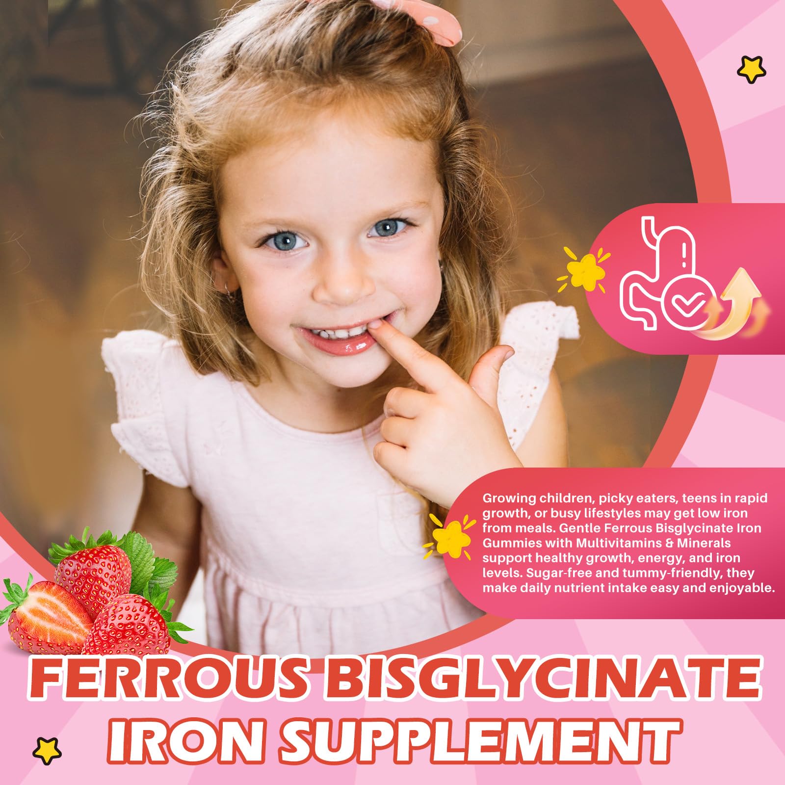 Iron Supplement Gummies for Kids with Multivitamin, Calcium, Zinc, Folate - Kids Iron Gummies Support Immune, Blood Builder, Iron Deficiency, Anemia & Energy - Vegan, Strawberry 60 Count — Amazon image 7