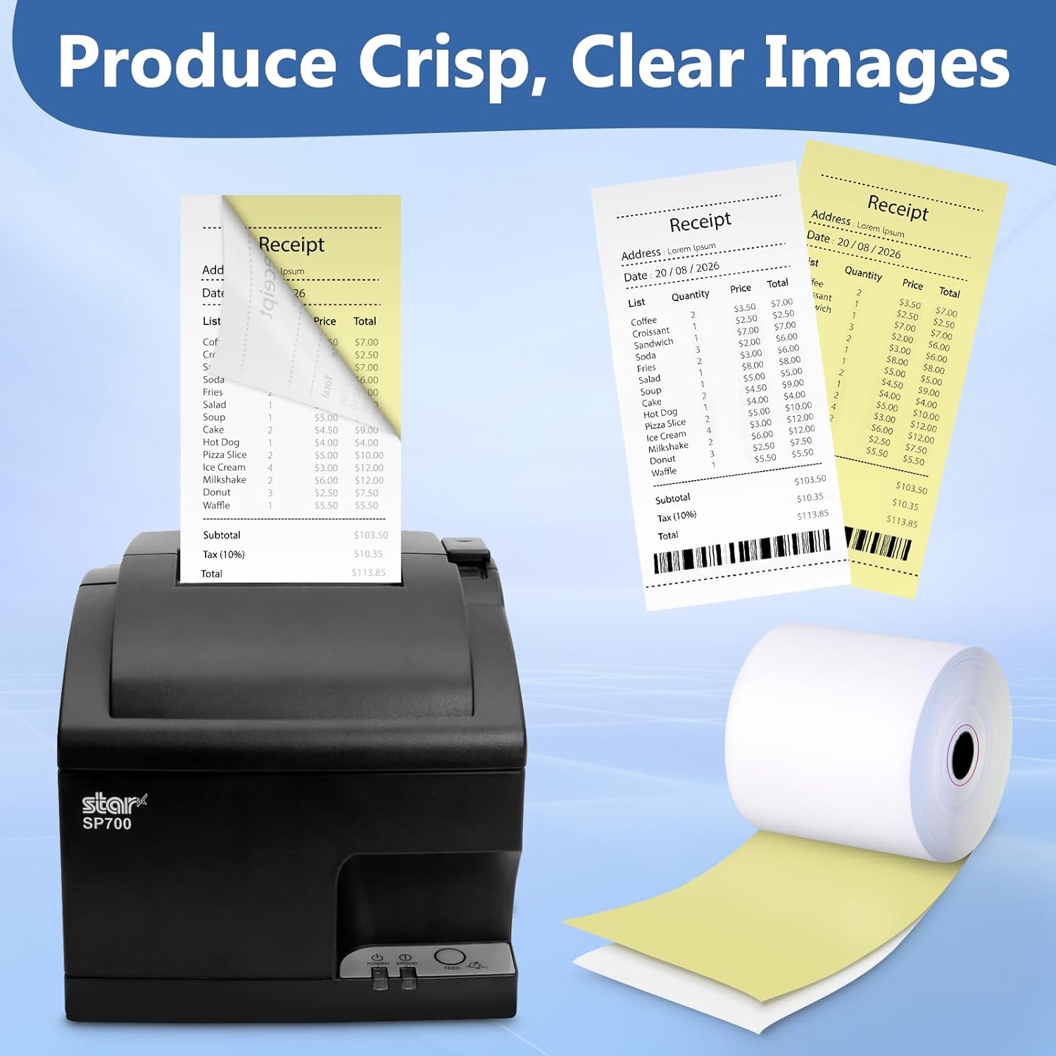 (50 Rolls) 2 Ply Carbonless Rolls 3" X 95 Feet White/Canary Receipt Paper for Restaurants & POS Cash Registers, Kitchen Printer Paper for Star Micronics SP700 SP2000 and more (3" 2 Ply 95' Carbonless)
