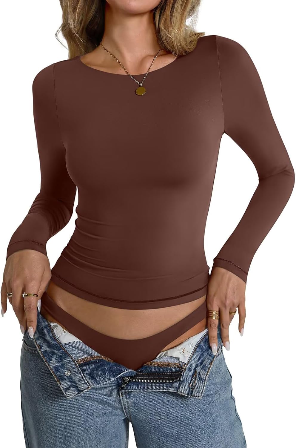 Womens Double Lined Long Sleeve Shirts Boat Neck Going Out Tops Trendy Slim Fitted Tees Basic Fall Outfits 2025 - Image 4