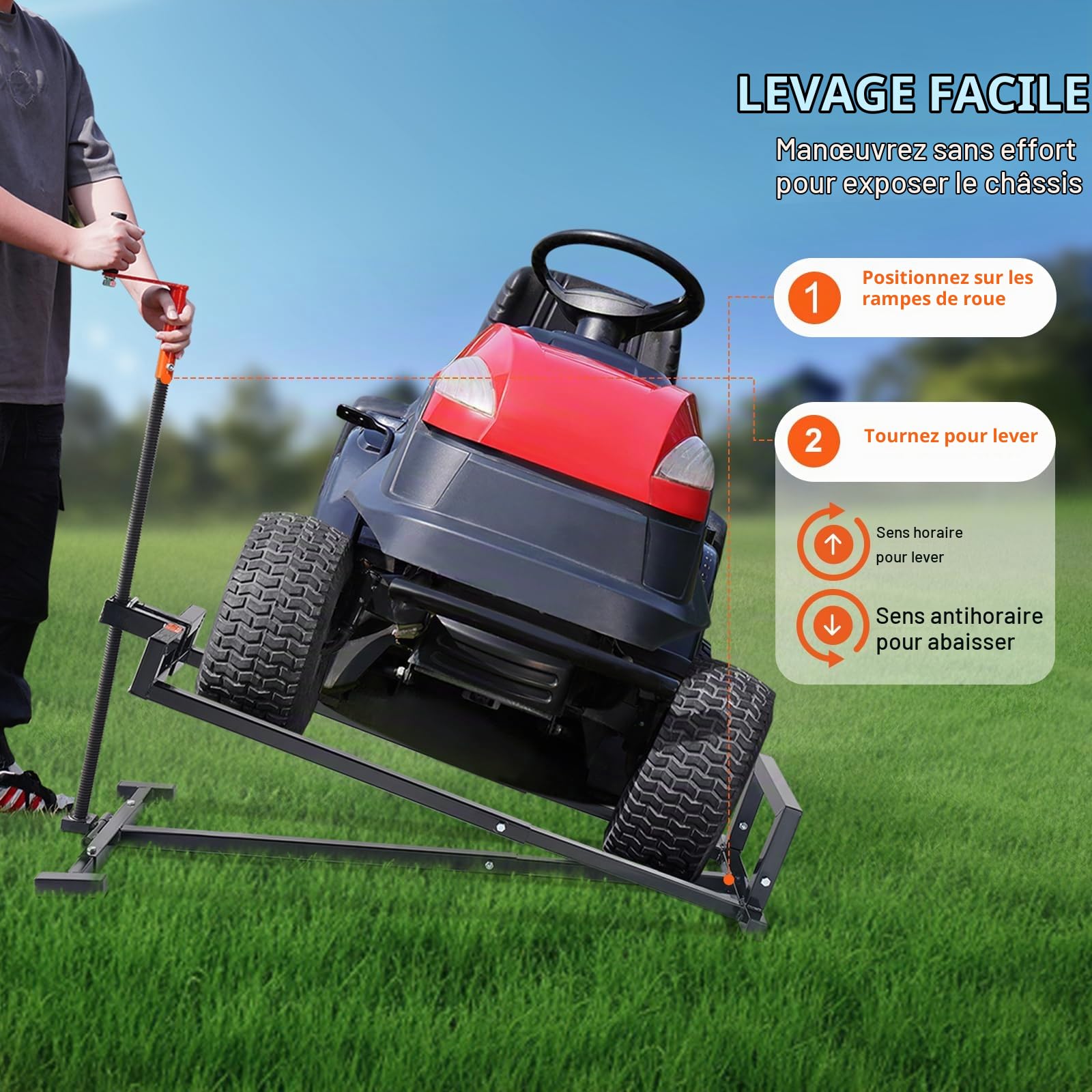 VEVOR Lève Tondeuse Autoportée Capacité de Charge 399,1 kg, Cric à Vis pour Tracteur-Tondeuse Télescopique, Élévateur pour Tondeuse à Gazon avec Manivelle et Poignée d'Outil Électrique, Jardin, Noir