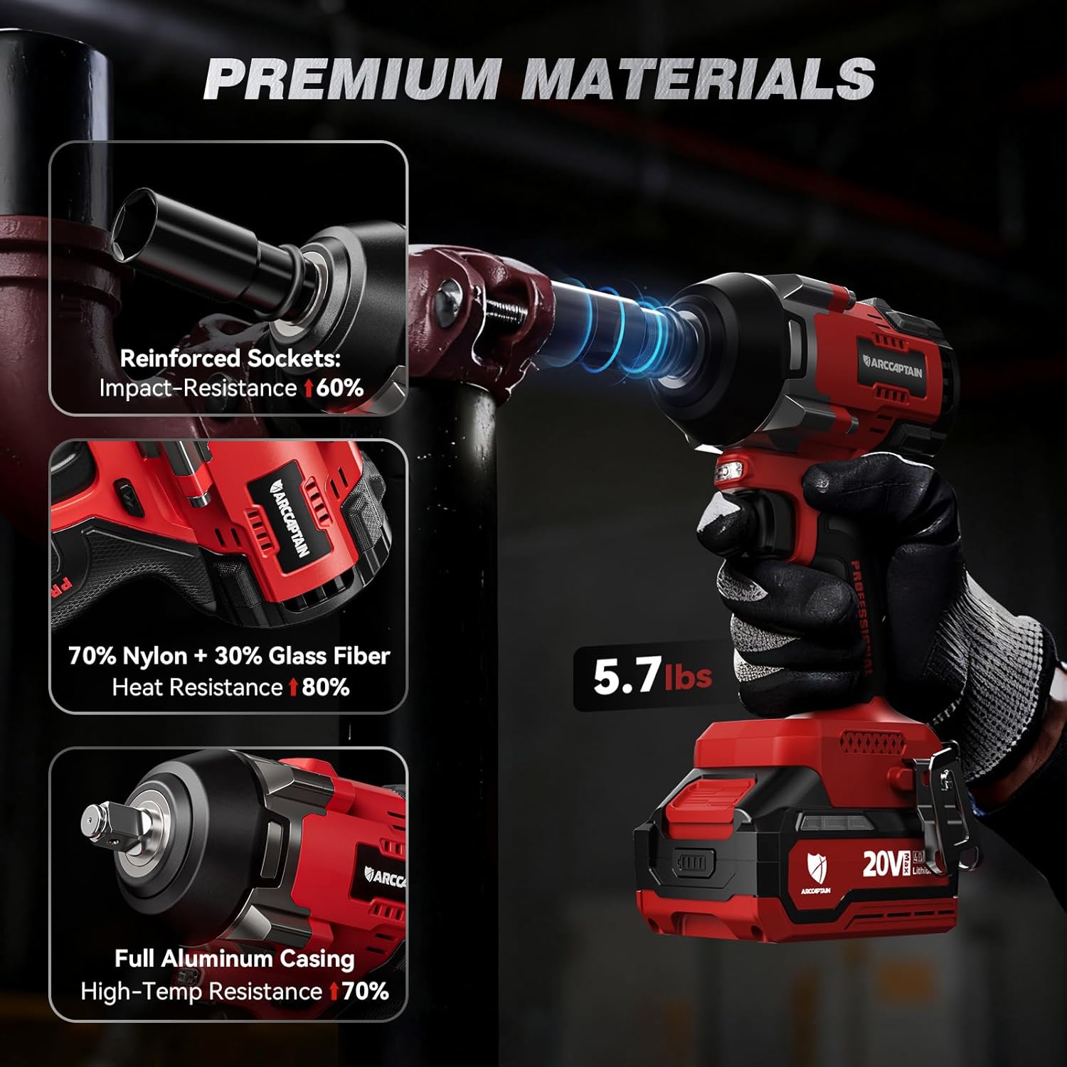 ARCCAPTAIN Cordless Impact Wrench, 1350N.m (1000Ft-lbs) 1/2" High Torque Impact Gun, 15C High-Rate 2x4.0Ah Batteries, 20V Power Impact Driver, Supports Up to 40mm Socket for Heavy Truck/Car/Pickup - Image 5