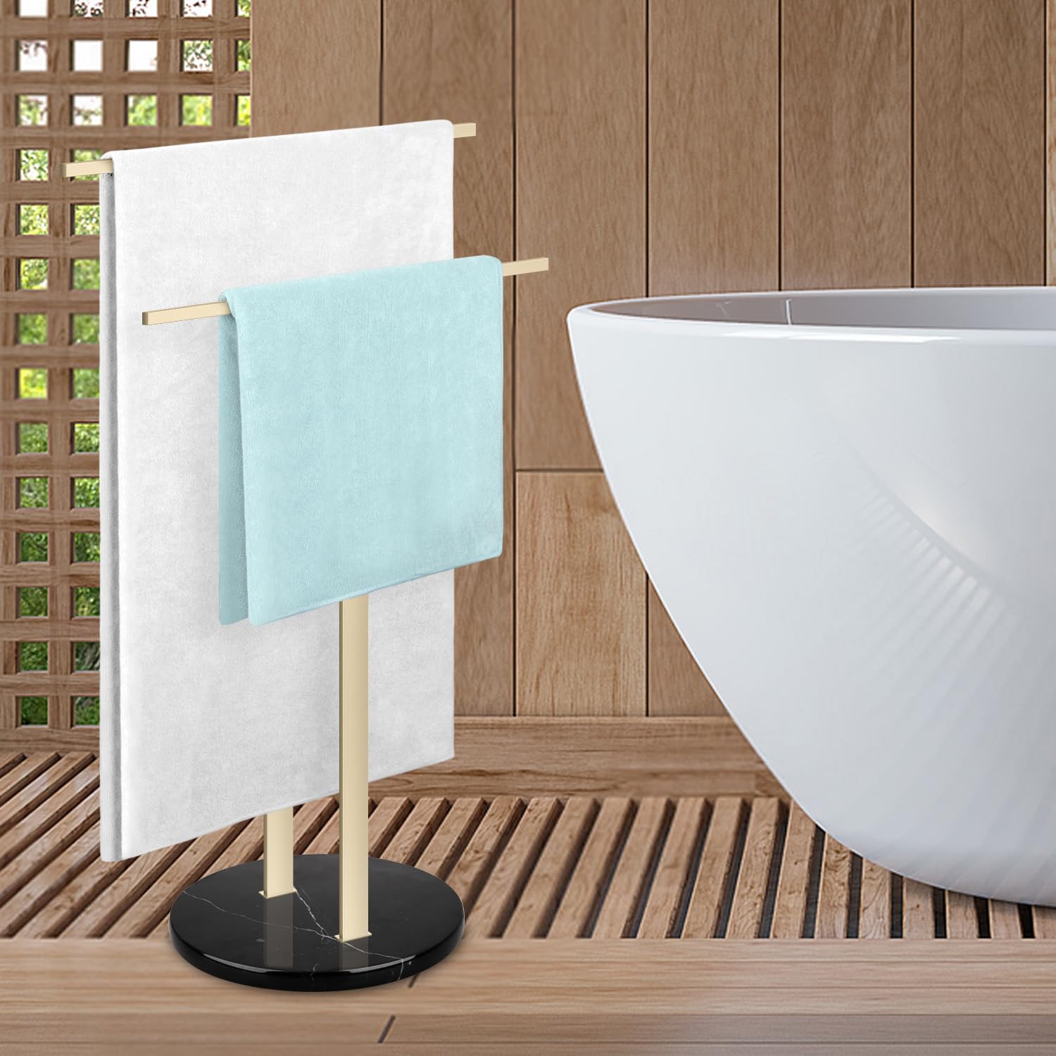 Porte Serviette Salle de Bain Support Serviette sur Pied 2 Barres avec Base Blanche Marbre Porte-Serviettes pour Plancher Sol Acier Inoxydable SUS304 en Forme de T (Or, Socle en Marbre Noir)