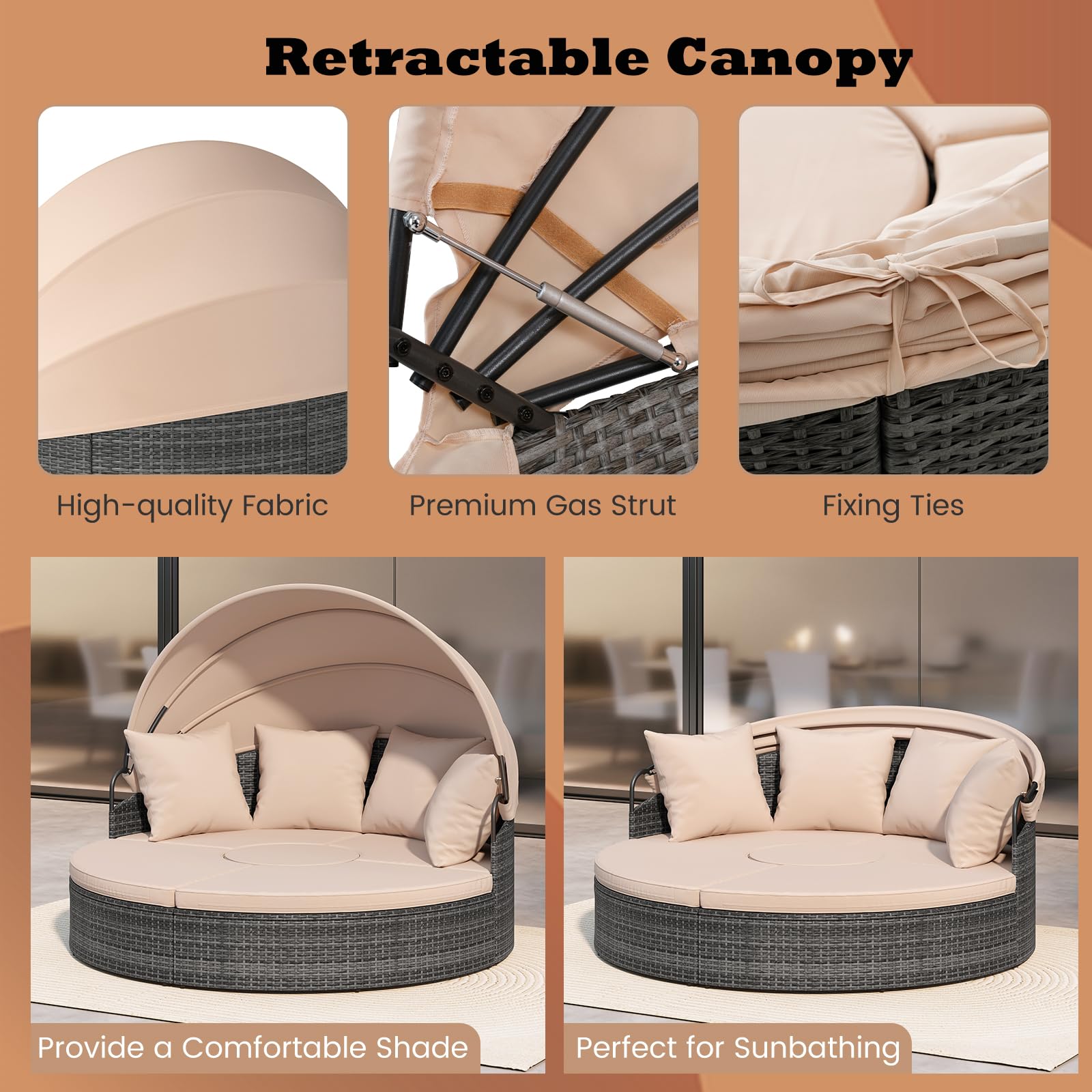 LIFEZEAL Isola Prendisole, Rattan Intrecciato a Mano, Componibile, Letto con Tettuccio Parasole Regolabile da Giardino Esterno, Salttto con Divani, Tavolino, Cuscini, Balcone, Mare, Piscina (beige)