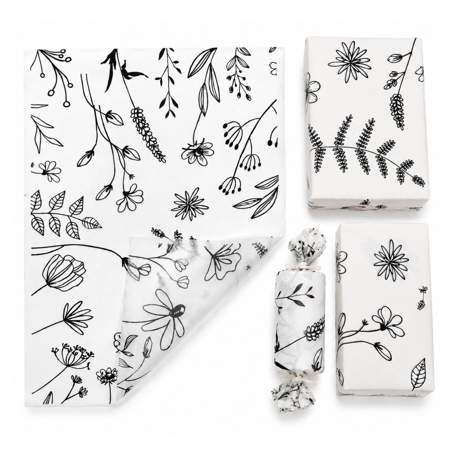 TOWNBUS - 50 nos | Floral Printed Tissue Paper for Gift Wrapping, 18 GSM, 14 x 19 Inches | Semi-Transparent White Wrapping Sheets with Black Botanical Print for Sarees, Gifts, Hampers, Boutique Packaging & Crafts