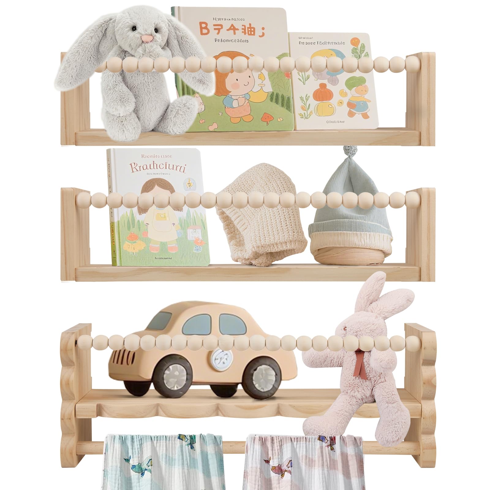 Lot de 3 étagères murales pour enfant - 40 cm - Avec présentoir suspendu pour photos, chambre d'enfant - En bois - Pour chambre de bébé, cuisine, épices