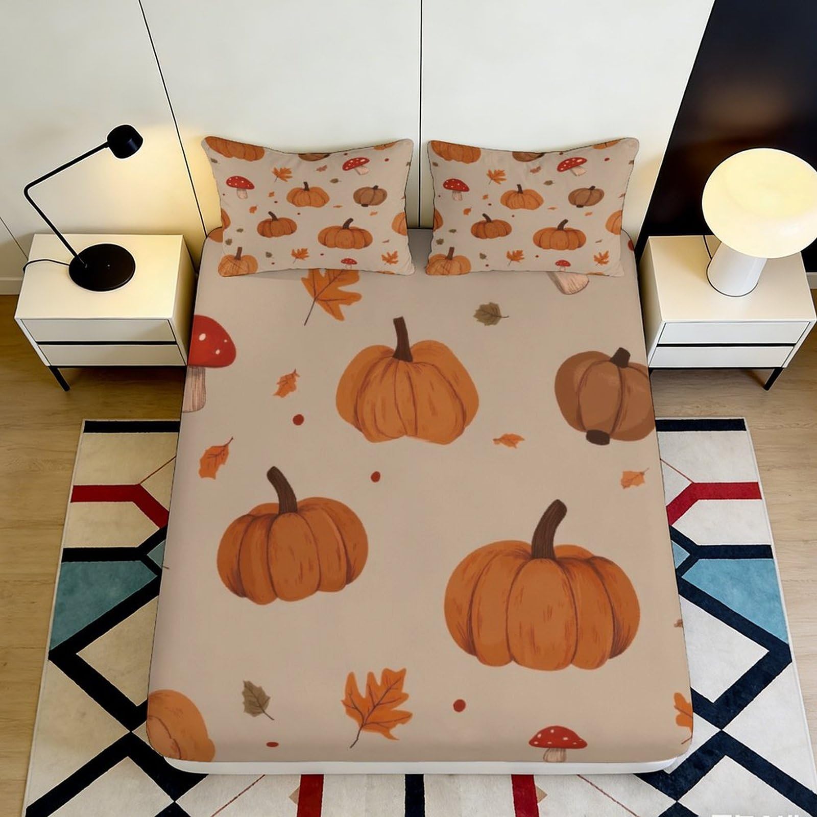 Pnayamiorkfel Style-1 3D Printed Pumpkin Autumn Leaves Fitted Sheet Microfiber Soft Mattress Cover Decor For Bedroom Dorm Guest Room 90X200x25cm