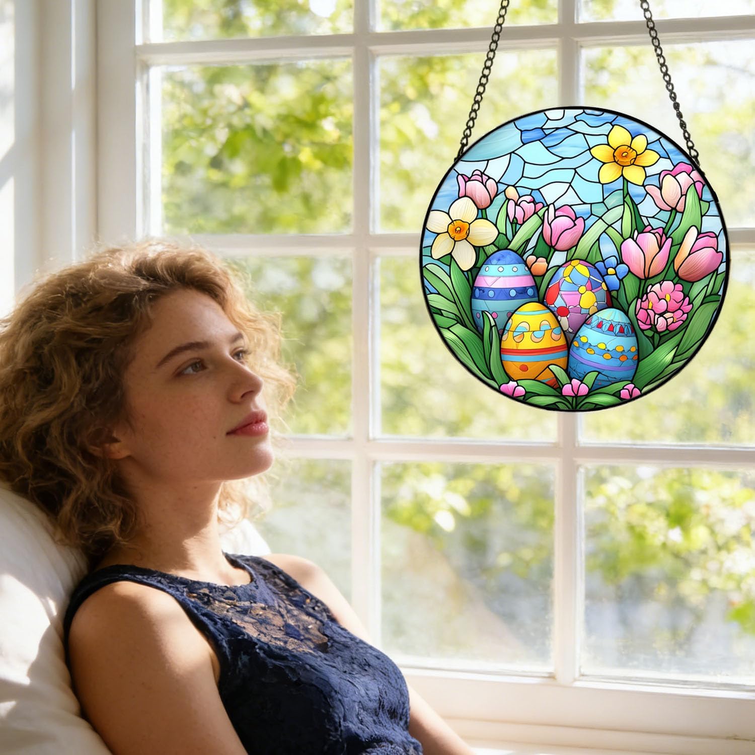 7.87 Inch Colorful Eggs Stained Glass Window Hanging-Easter Eggs Stained Glass Suncatcher Window Panel Suncatcher Decor for Birthday Easter Gifts for Women, Men, Wife, Aunt, and Mom