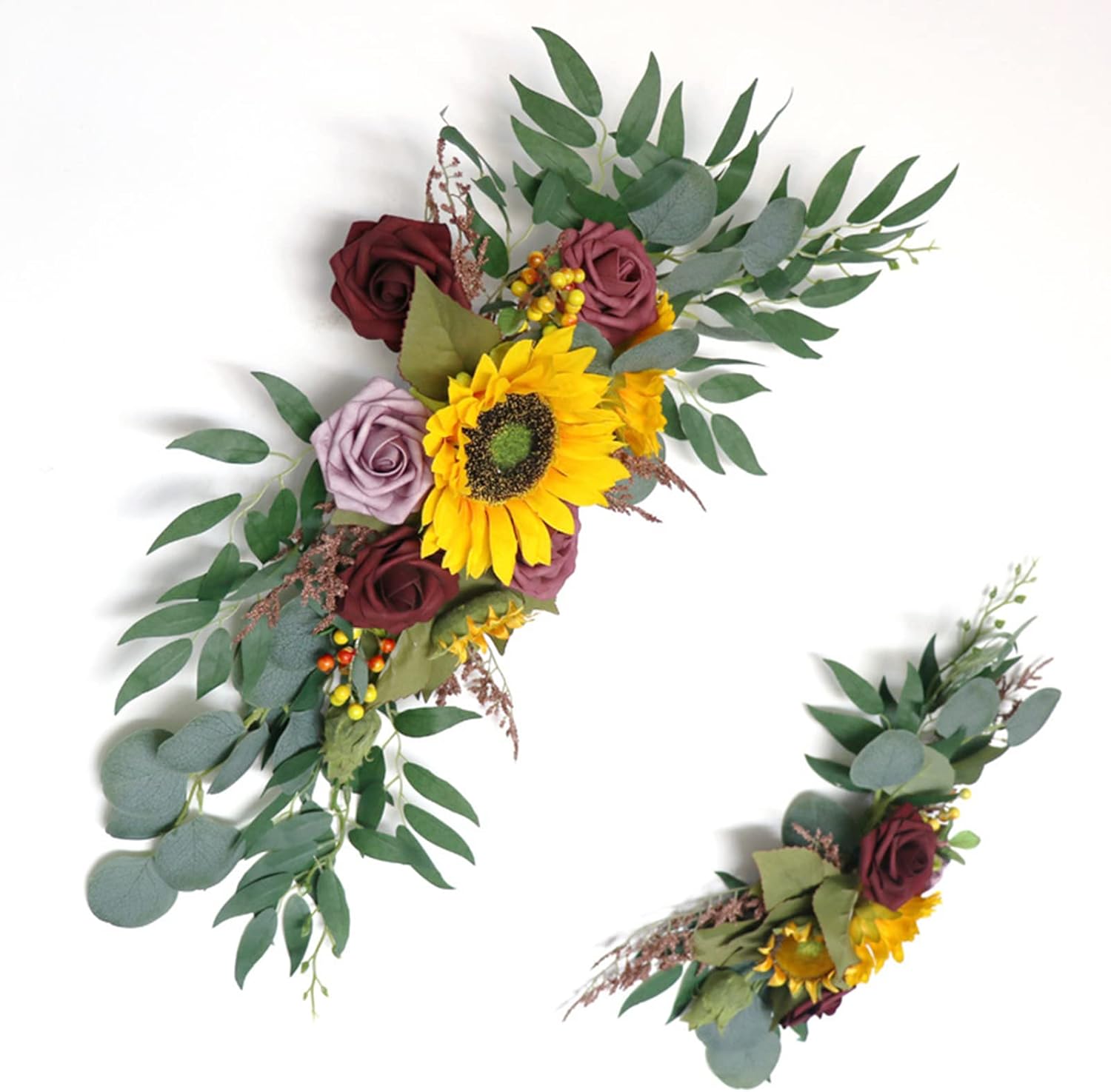 Wedding Arch Flowers, Artificial Sunflower Swag with Eucalyptus, Rustic Rose Sunflower Swag Floral Arrangement for Wedding Ceremony Sign Backdrop Decoration, 65x35cm