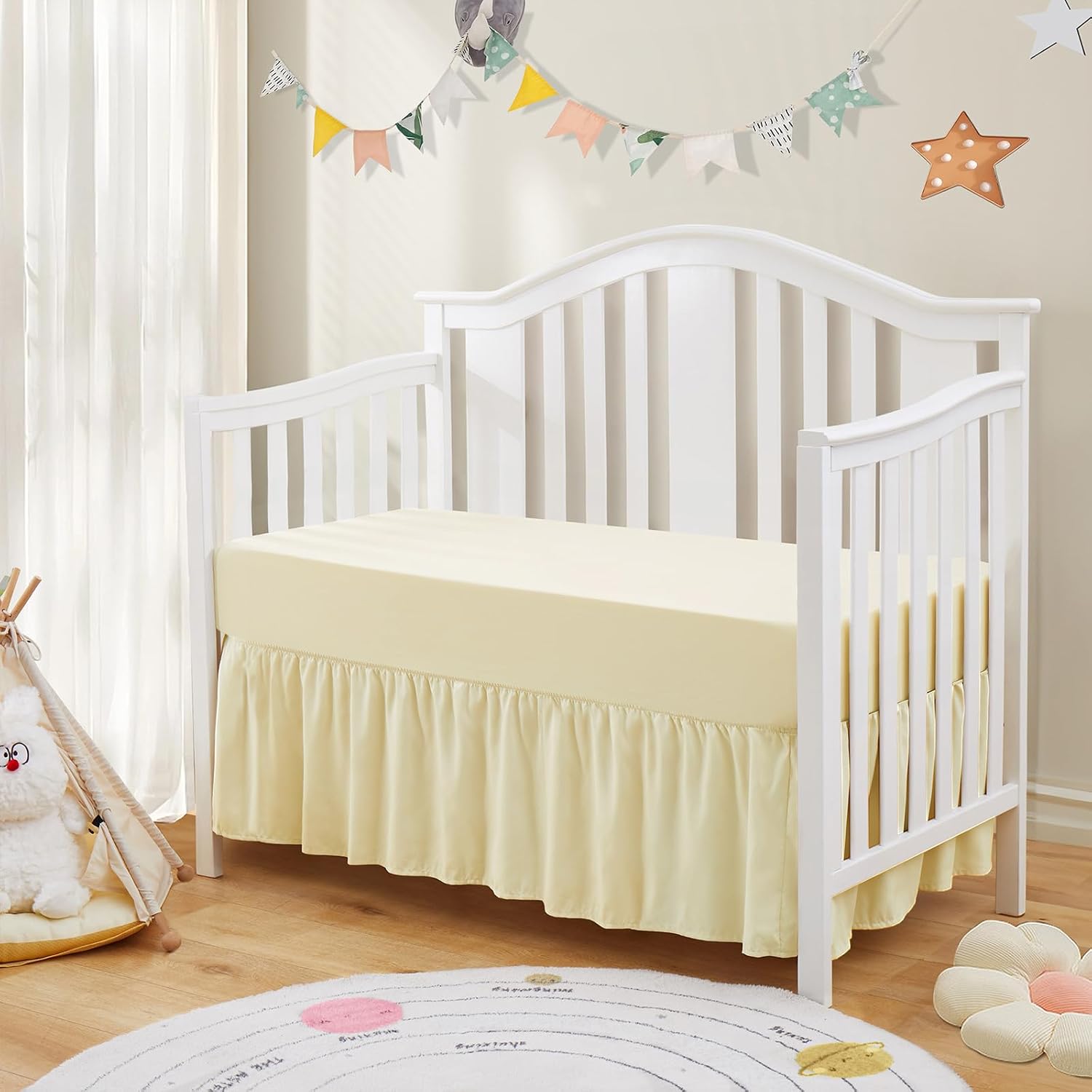 SiinvdaBZX 2-Piece Set Ruffled Crib Skirt & Soft Fitted Crib Sheet, 52″x28″ + Adjustable Elastic 14″ Drop, Fit for Baby Standard Crib & Nursery Toddler Bedding (Ivory)