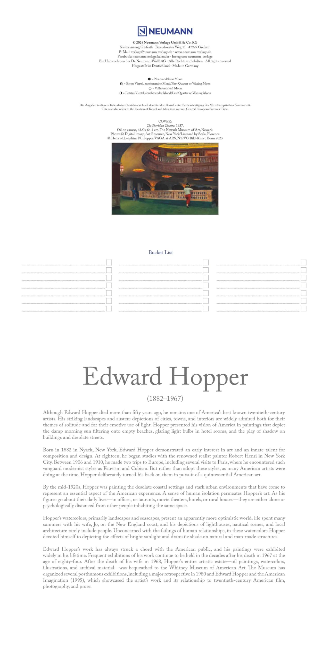 N NEUMANNVERLAGE - Edward Hopper 2025 Broschürenkalender, 30x30cm, Wandkalender mit ausgewählten Werken von Edward Hopper, internationalen Feiertagen und Mondphasen, viel Platz für Notizen