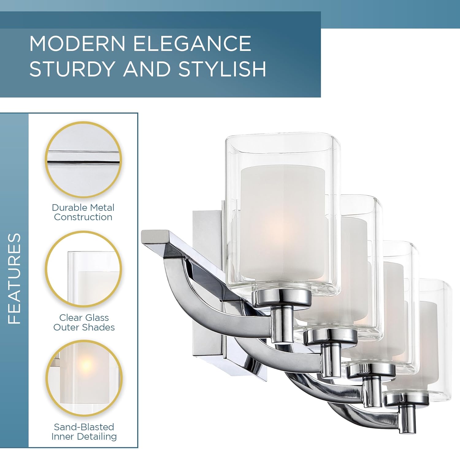 Quoizel Kolt Modern Vanity Lights, 4-Light, 29 Inch Polished Chrome Bathroom Lighting Fixtures Over Mirror, Sandblasted Inner Glass, 50 W LED Bulb, Wall Mount Light for Bathrooms, Kitchen or Hallway