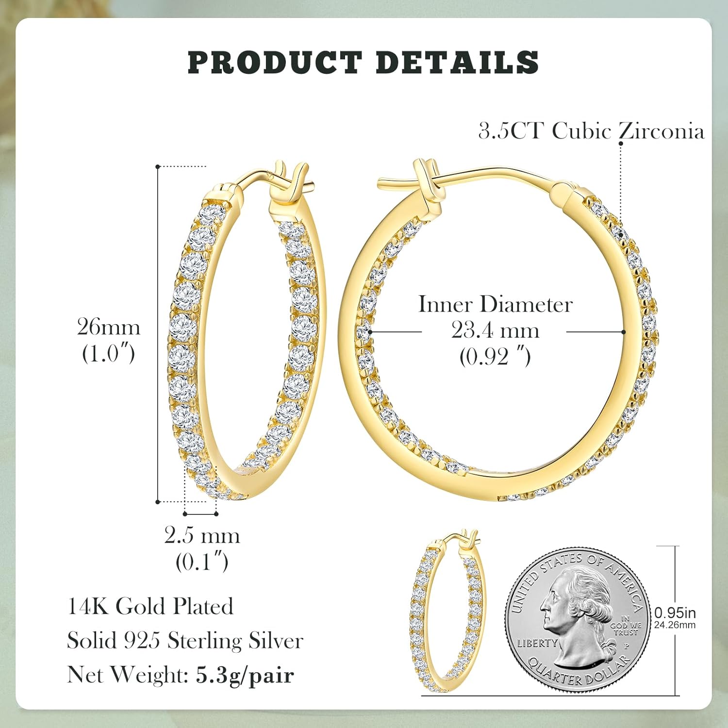 Yellow Gold Plated/925 Sterling Silver Sparkle Cubic Zirconia Hoop Earrings for Women fit Sensitive Ears 14mm/20mm/26mm Huggie/Medium/Large Hoops(with Gift Box) - Image 3