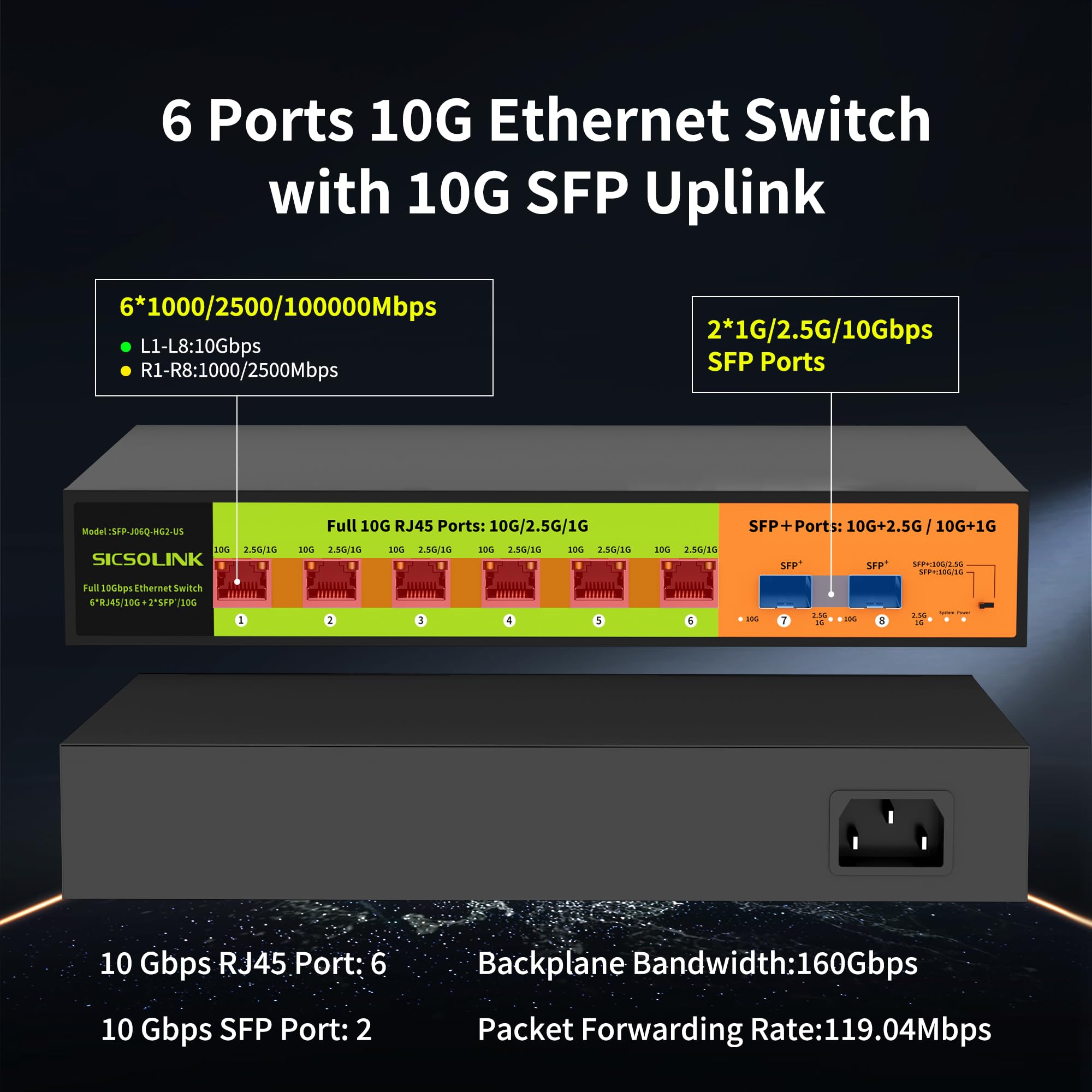 10GB Switch 8 Port Unmanaged with 6*10g RJ45 Ports, 2*10g SFP+ Ports,10Gbe Network Switch, Desktop or 19-inch Rack Mount, Silent Operation, Suitable for 10GB NAS, WiFi 7 Router and Gaming PC.