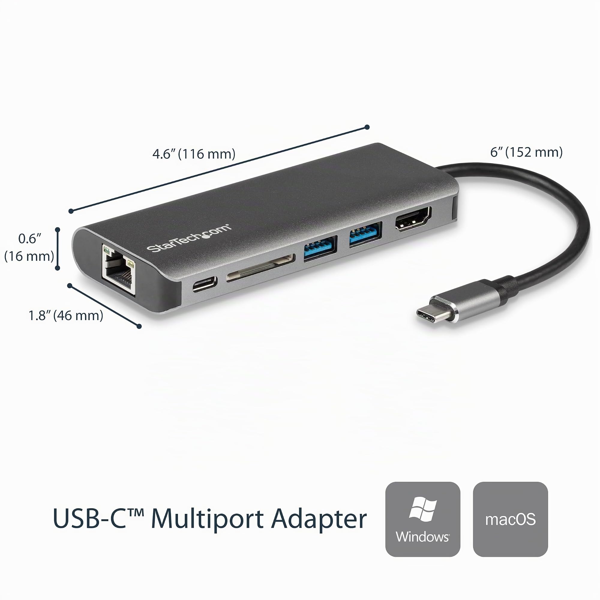 StarTech Mini Dock de Viaje USB-C 6 en 1 HDMI 4K, 60W PD, SD, GbE, 2x USB-A | Compatible con Thunderbolt 3, MacBook Air y Pro, Dell y HP, Windows, macOS y Chrome OS