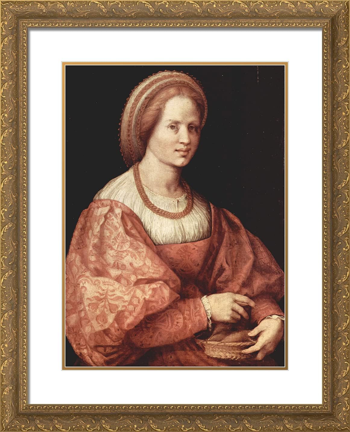 ArtDirect Pontormo, Jacopo 20x24 Black Ornate Framed Art Print with Double Matting Titled: Lady With Basket of Spindles