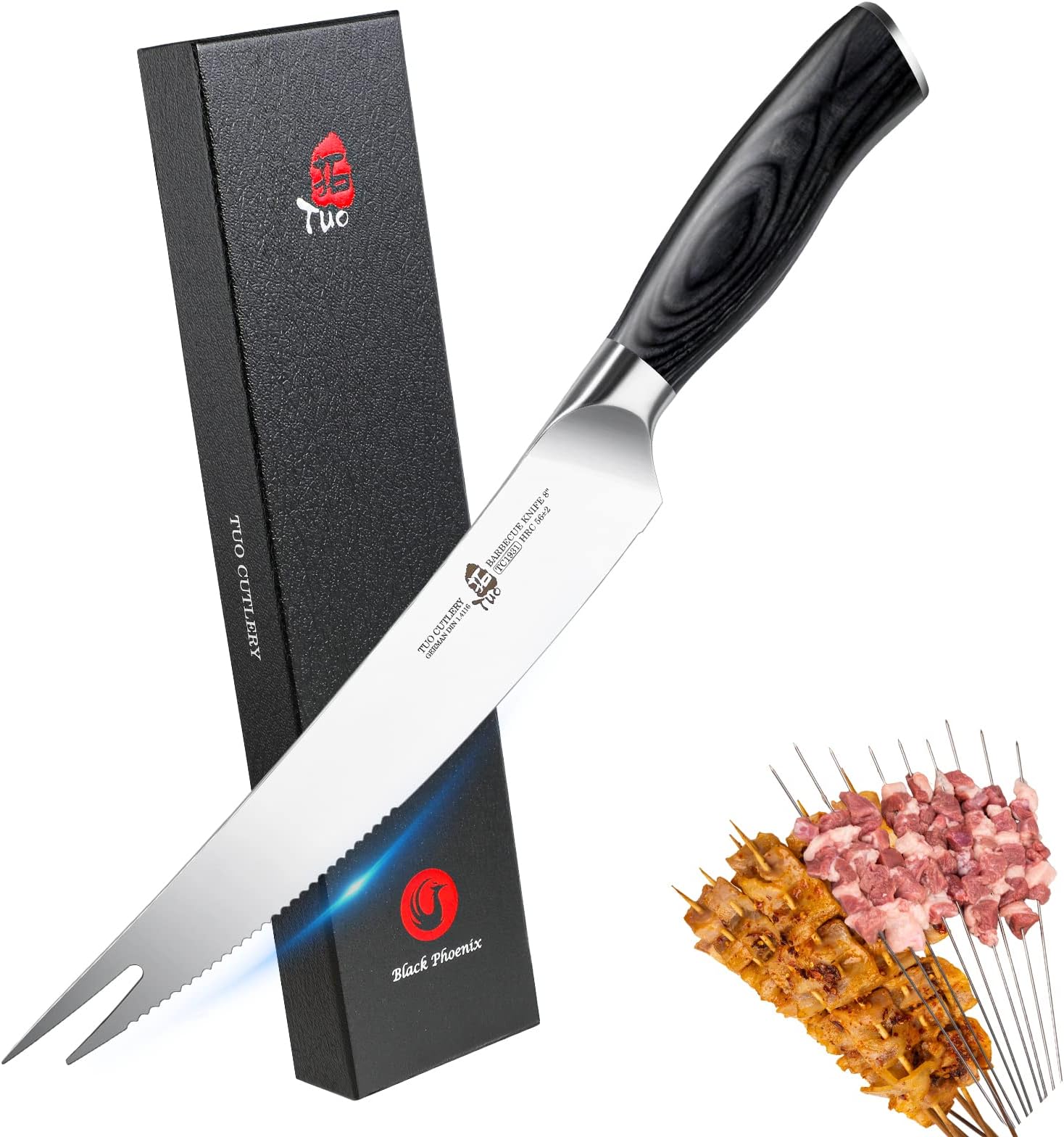 TUO BBQ Knife, 8 inch Roast Cutting Knife with Fork Tip for Grilled Meat Cutting, Serrated Edge, High Carbon German Steel, Comfortable Pakkawood Handle