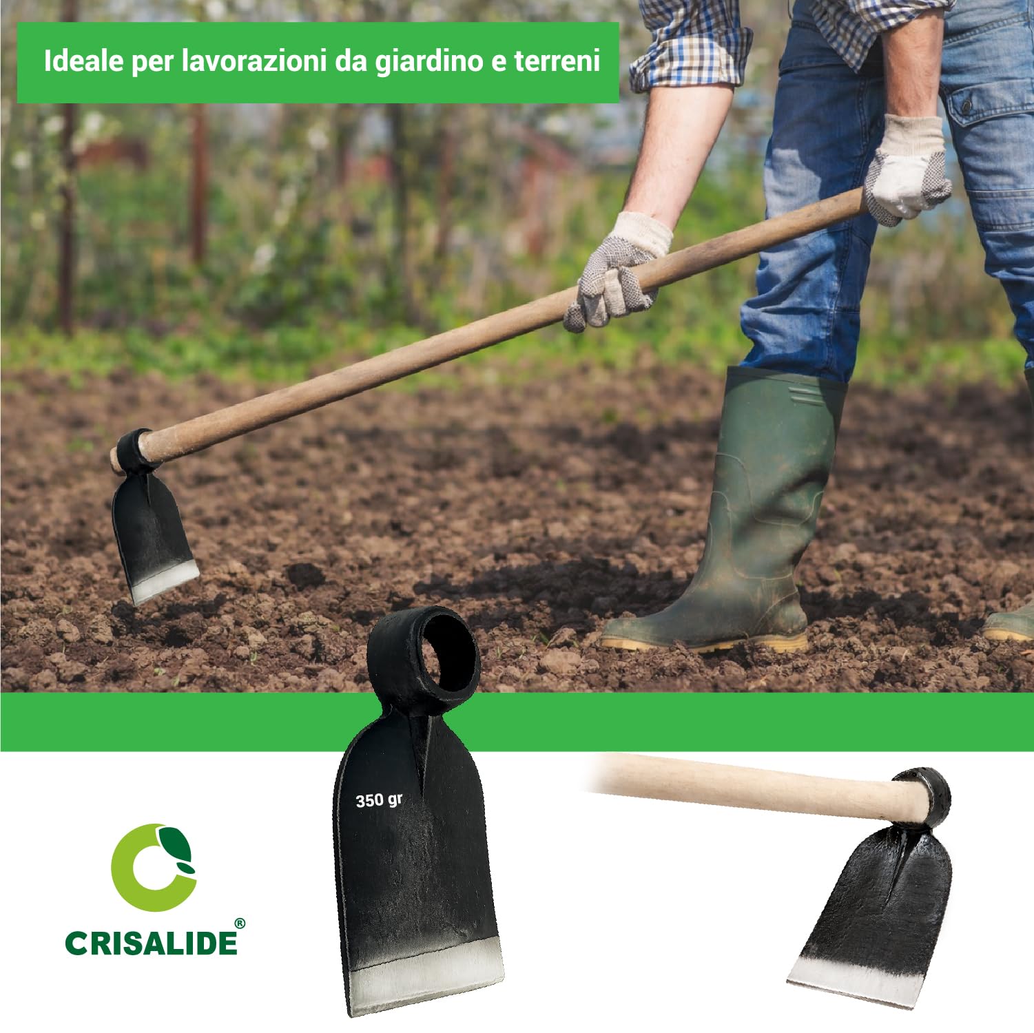 CRISALIDE Azada forjada sin mango 350 g – Azada de huerto y jardinería de acero, orificio Ø 3 cm, ancho 8 cm, ideal para desmalezar suelo y deshierbe