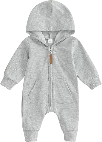 Infant Baby Boy Girl Clothes Solid Hoodie Romper Zip Up Long Sleeve Hooded Jumpsuit Coverall Fall Winter Outfit