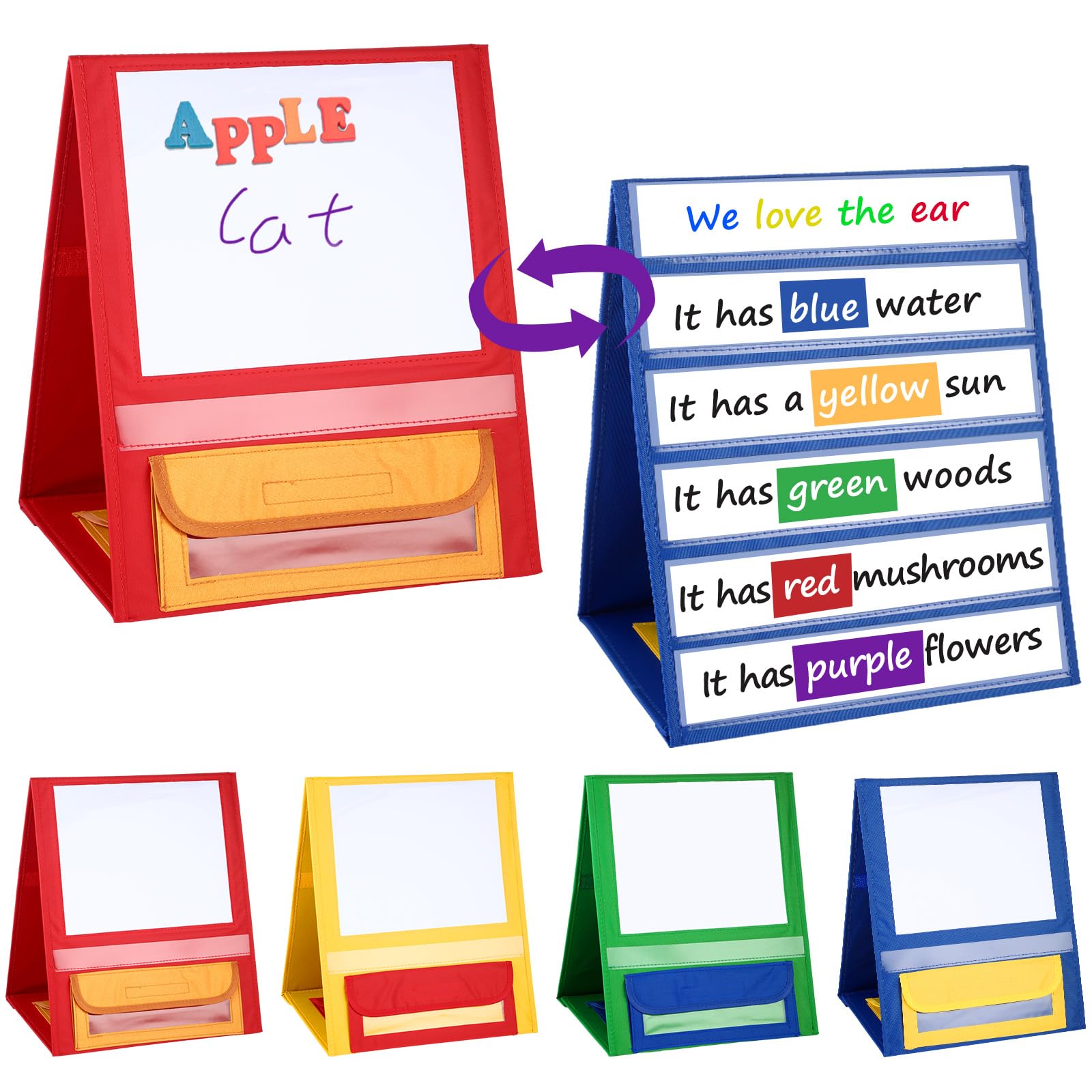 Jetec 4 Pcs Magnetic Desktop Pocket Chart Stand with Pen Case Foldable Double Sided Small Tabletop Pocket Chart Dry Erase Magnetic Boards for Classroom Easel Tabletop Whiteboard for Kids 15 x 12.6 in