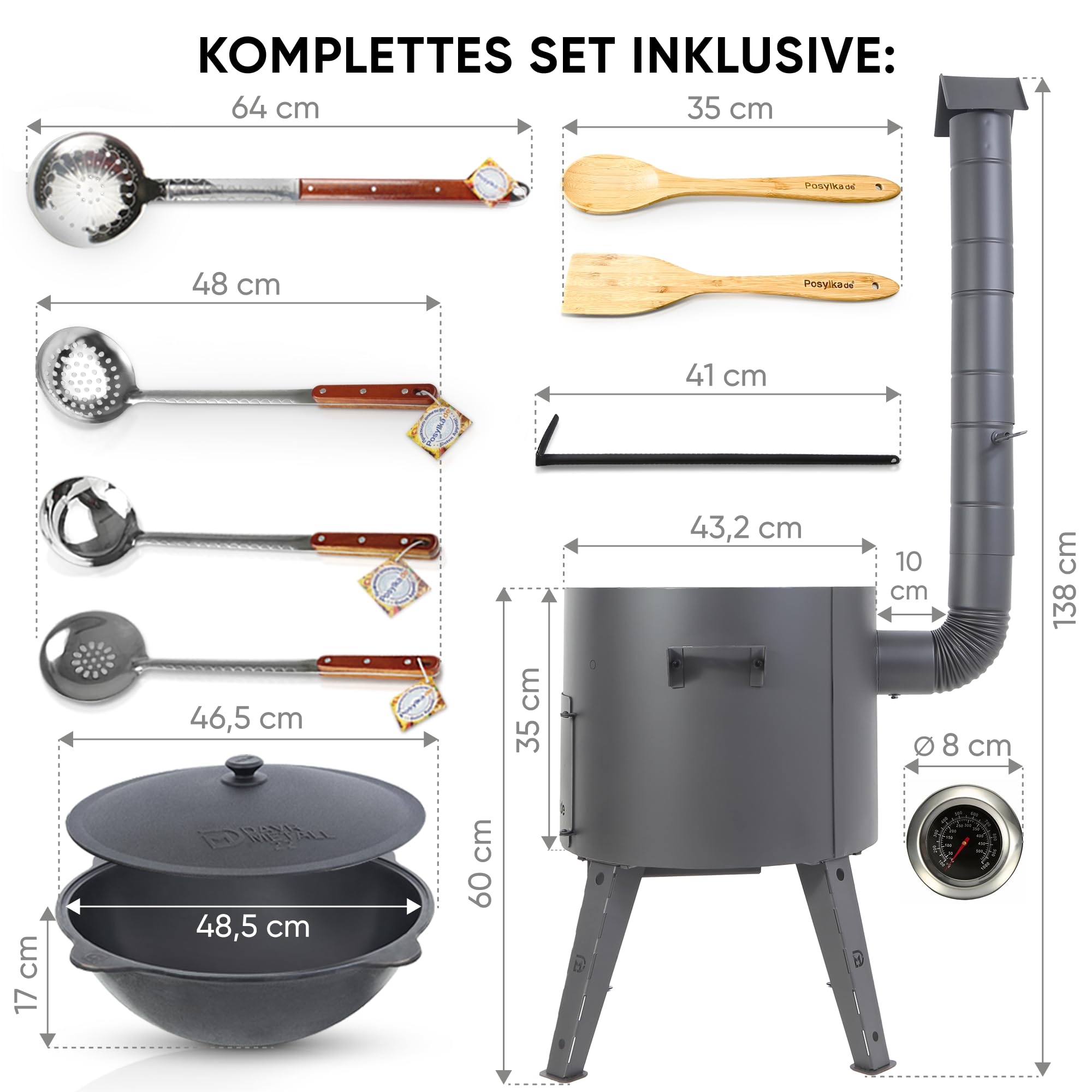 Utschak Feuerofen Ø 44 cm 2 mm Stahl mit Thermometer Usbekische Kazan 16 L runder Boden 2 Schaumlöffel 48 cm Schaumlöffel 64 cm Schöpfkelle 48 cm Löffel und Spatel 35 cm Kazan Gusseisen (Set 6)