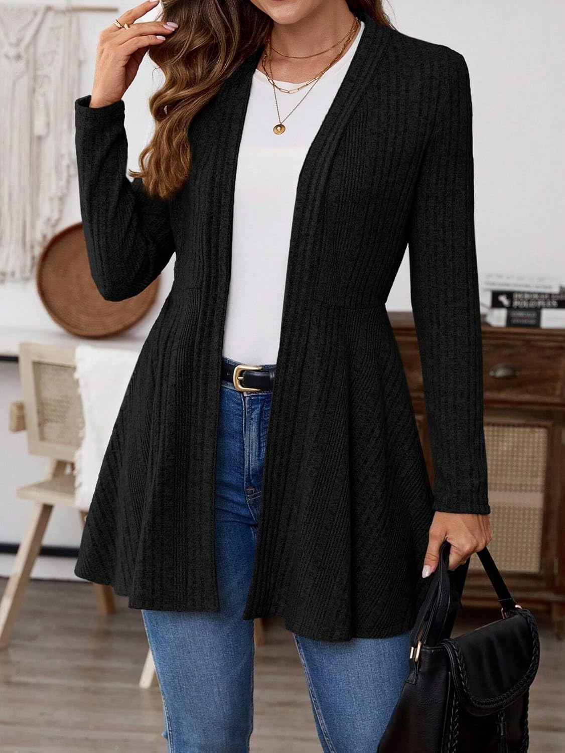 Women's Trench Coat Casual Rib-Knit Open Front Regular Jacket Long Sleeve Classic Overcoat