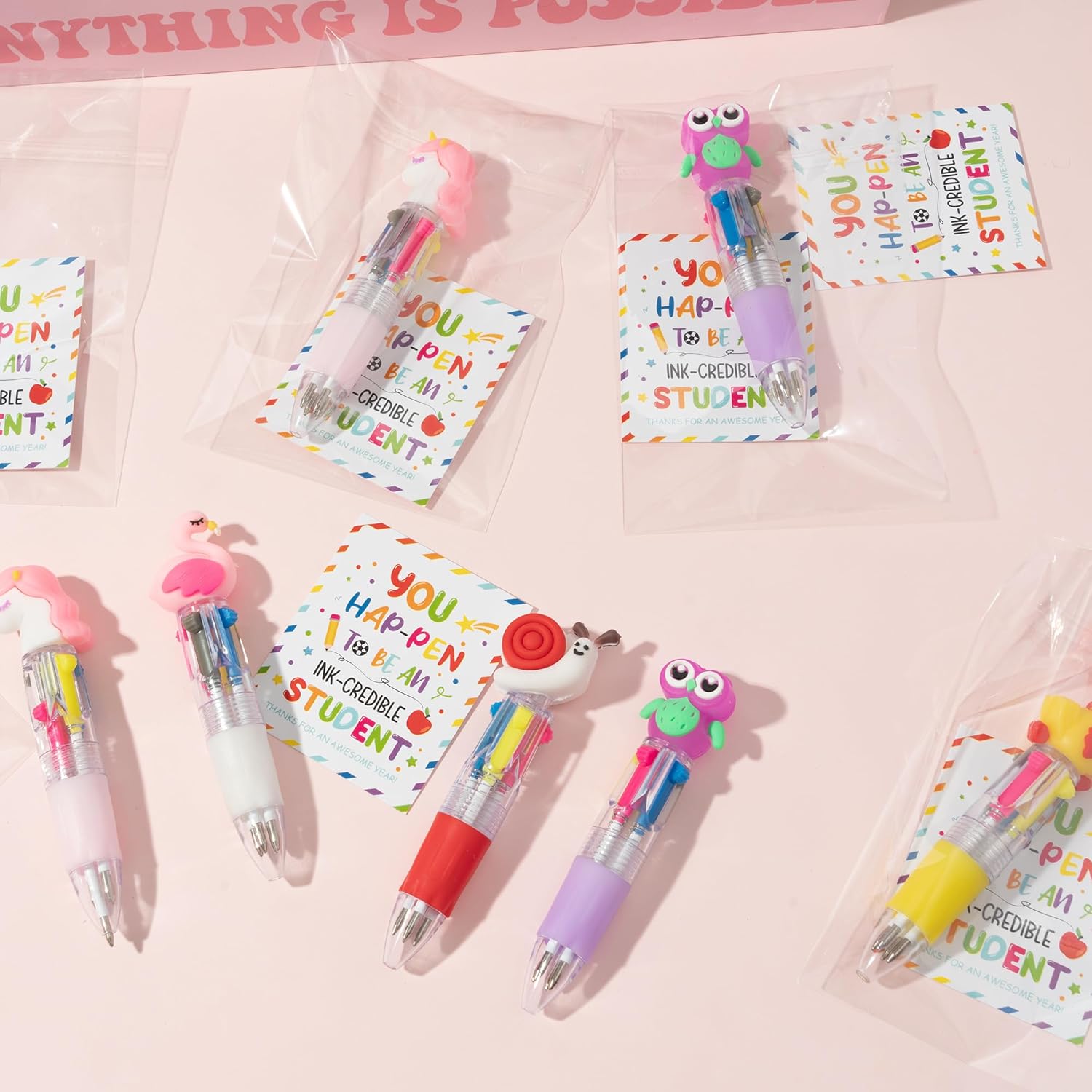 ANGOLIO 112Sets End of Year Student Gift Includes Cute Cartoon 4 in 1 Multicolor Retractable Ballpoint Pen with Gift Cards for Kindergarten Party Gifts Summer Graduation School Classroom Reward Favor