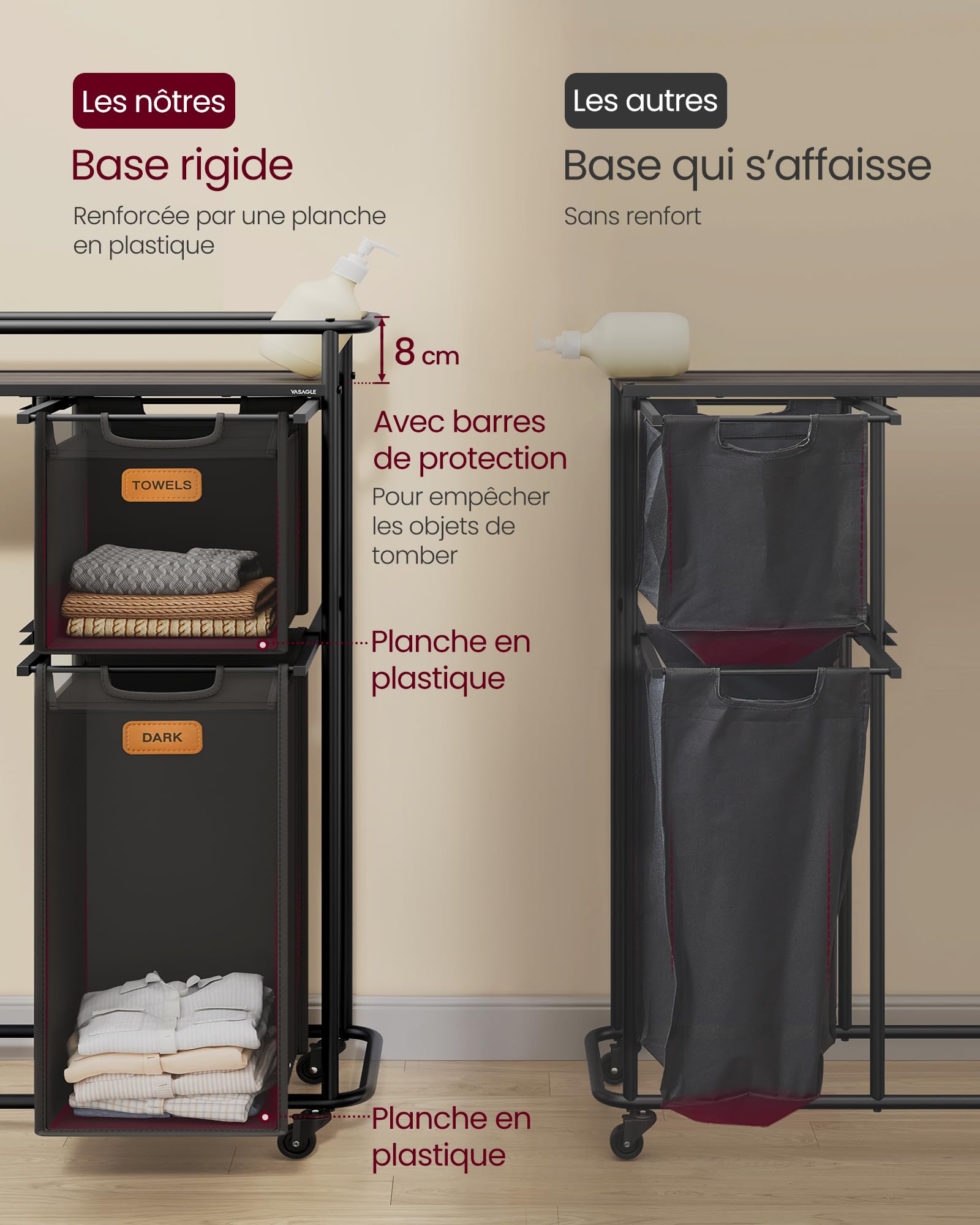 Panier à Linge 100L VASAGLE Avec Roulettes - 2 Compartiments, Étiquettes Et Poches Amovibles | Gain De Place