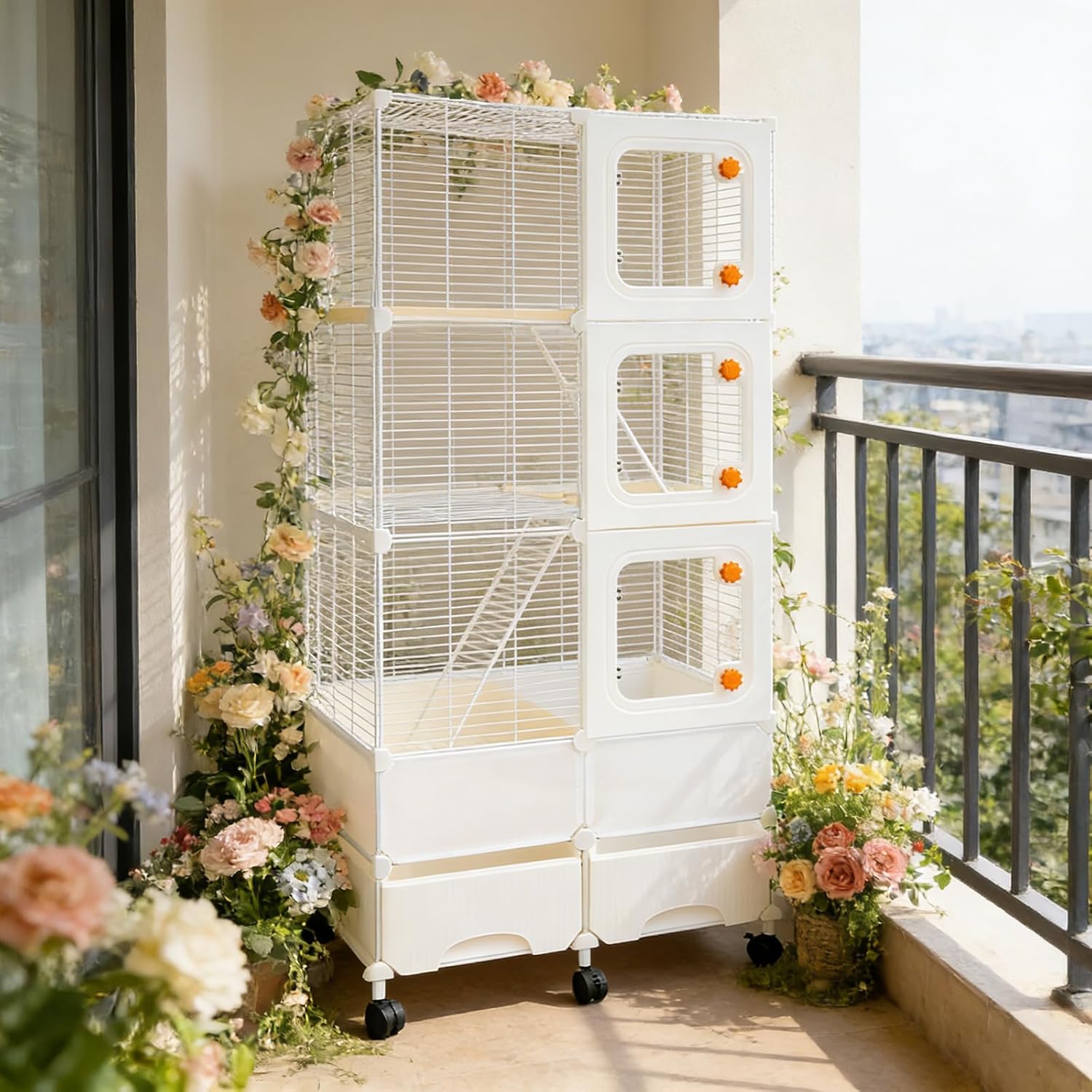 4-Tier Wide Pet Cage with 2 Drawers & 6 Brake Wheels, 74×37×155cm Large Capacity Pet Cage for Squirrel Chinchilla Bird Rabbit Ferret Home Pet Store (White)