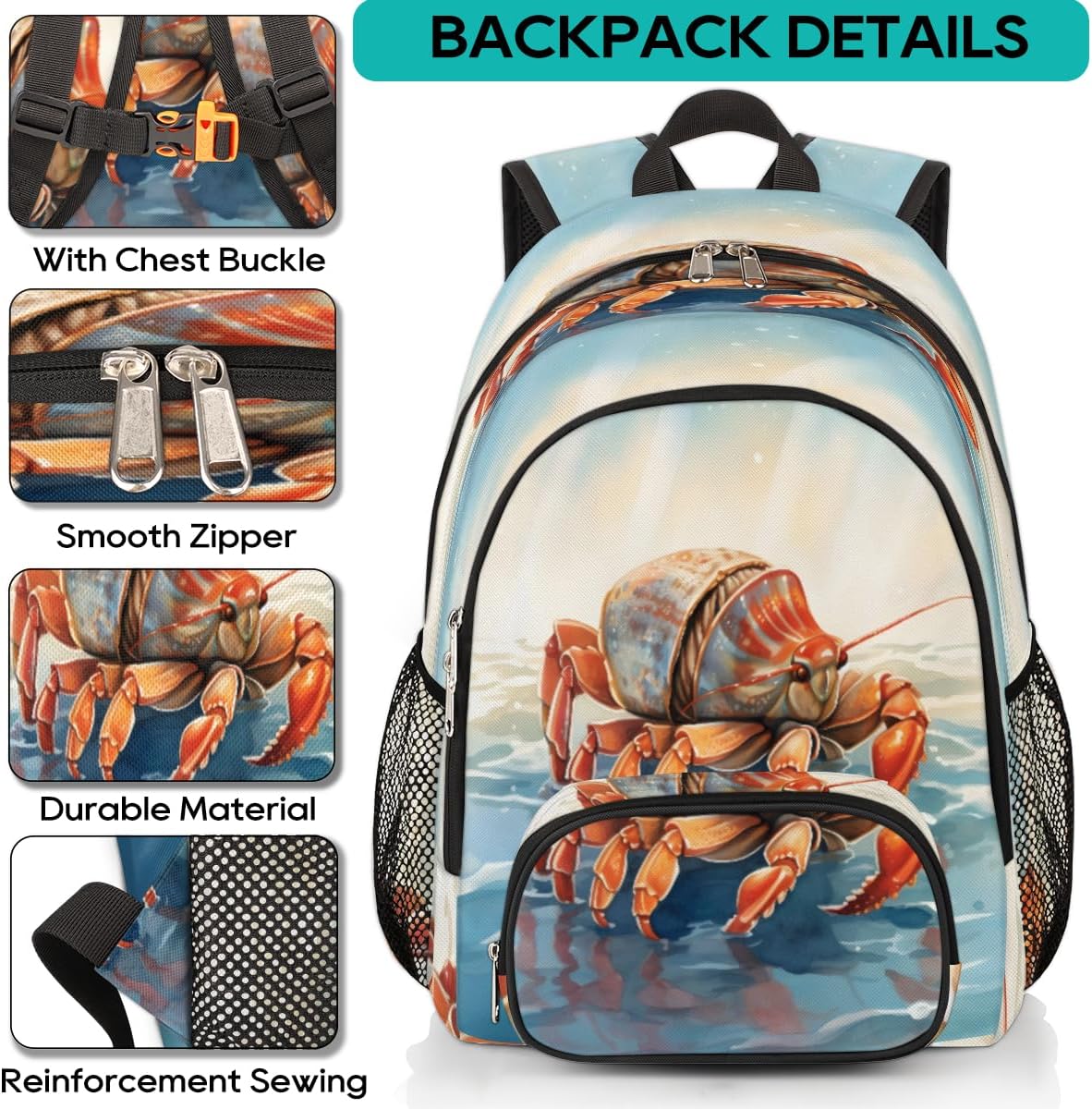 Elementary School Bags for Teens, Cute Ocean Crab Kids Backpacks Hermit Crabs Lightweight Bookbags Waterproof Sturdy Schoolbag Daypack for Girls Boys