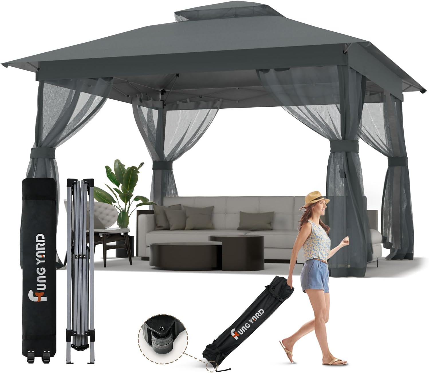 11x11 Outdoor Patio Gazebo with Mosquito Netting - Double Roof Pop Up Canopy Tent with Wheeled Carry Bag, Outdoor Canopy Shelter for Patio Backyard Deck Lawns Garden (11x11ft Grey)