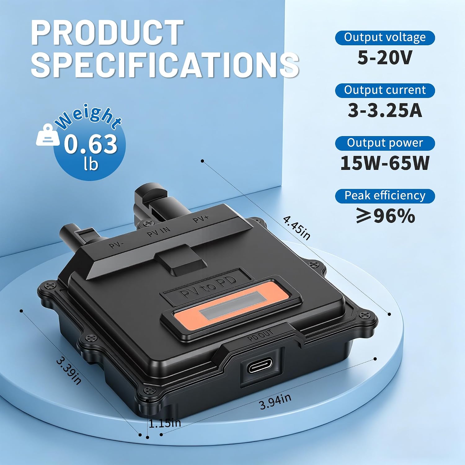 65W Solar Converter with PD 3.0, PV to USB-C Direct Output, Type-C Port, Water-Resistant ABS for Outdoor Use