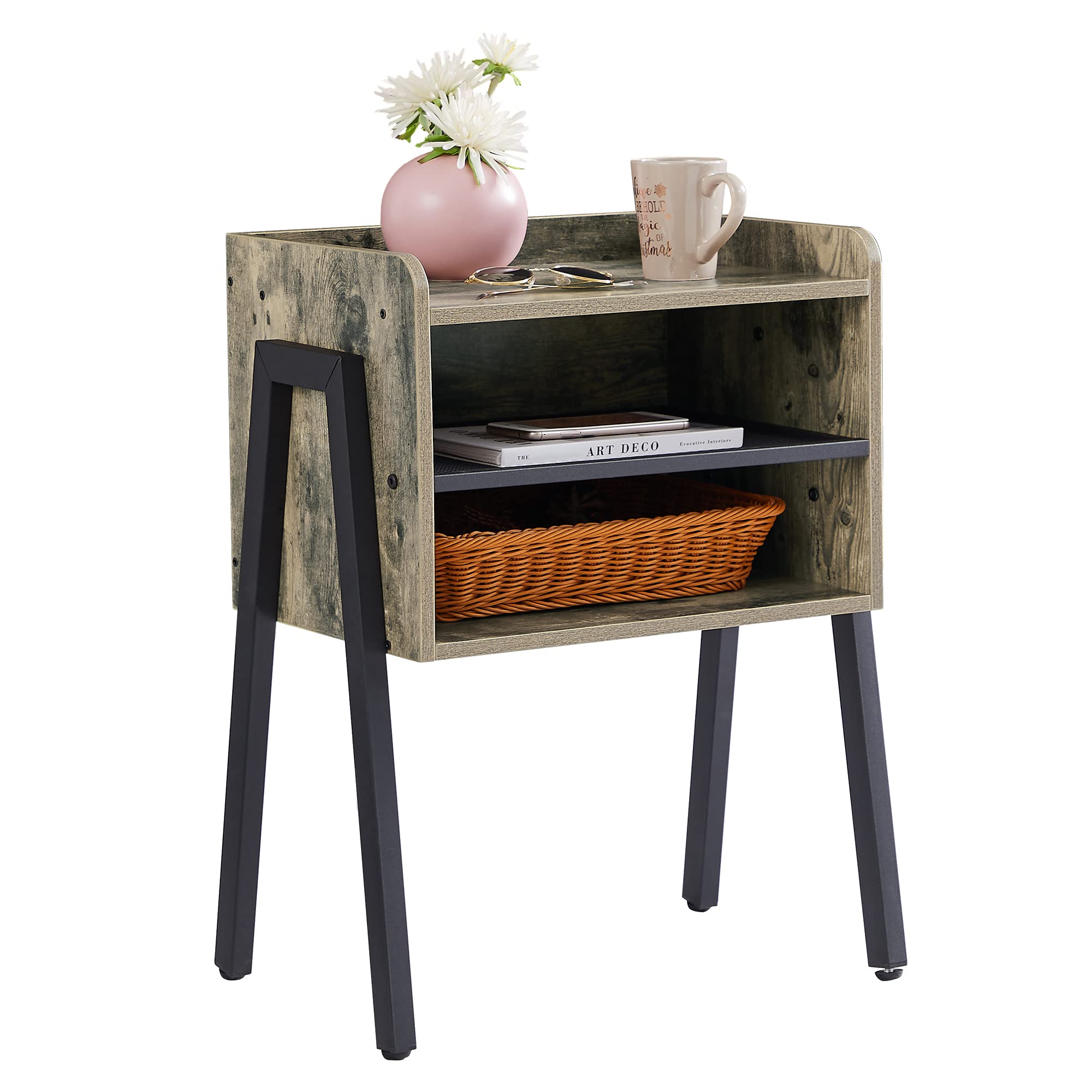VECELO Night Stand Industrial End Table,Bedside Table with 2-Tier Open Storage Compartments for Bedroom, Living Room and Small Spaces