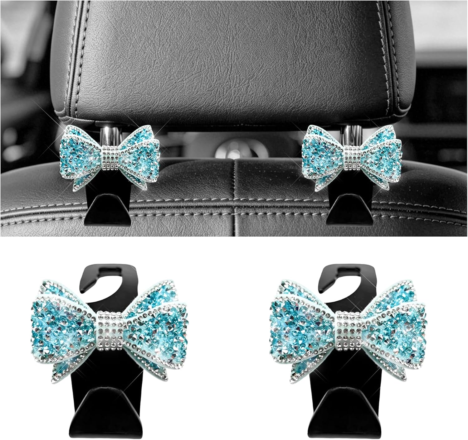Bling Car Headrest Hook, Cute Bow Diamond Auto Rear Seat Organizer for Purses Bags Groceries, Crystal Rhinestone Vehicle Seat Back Hanger Storage Hook for SUV Truck Sedan (Blue)