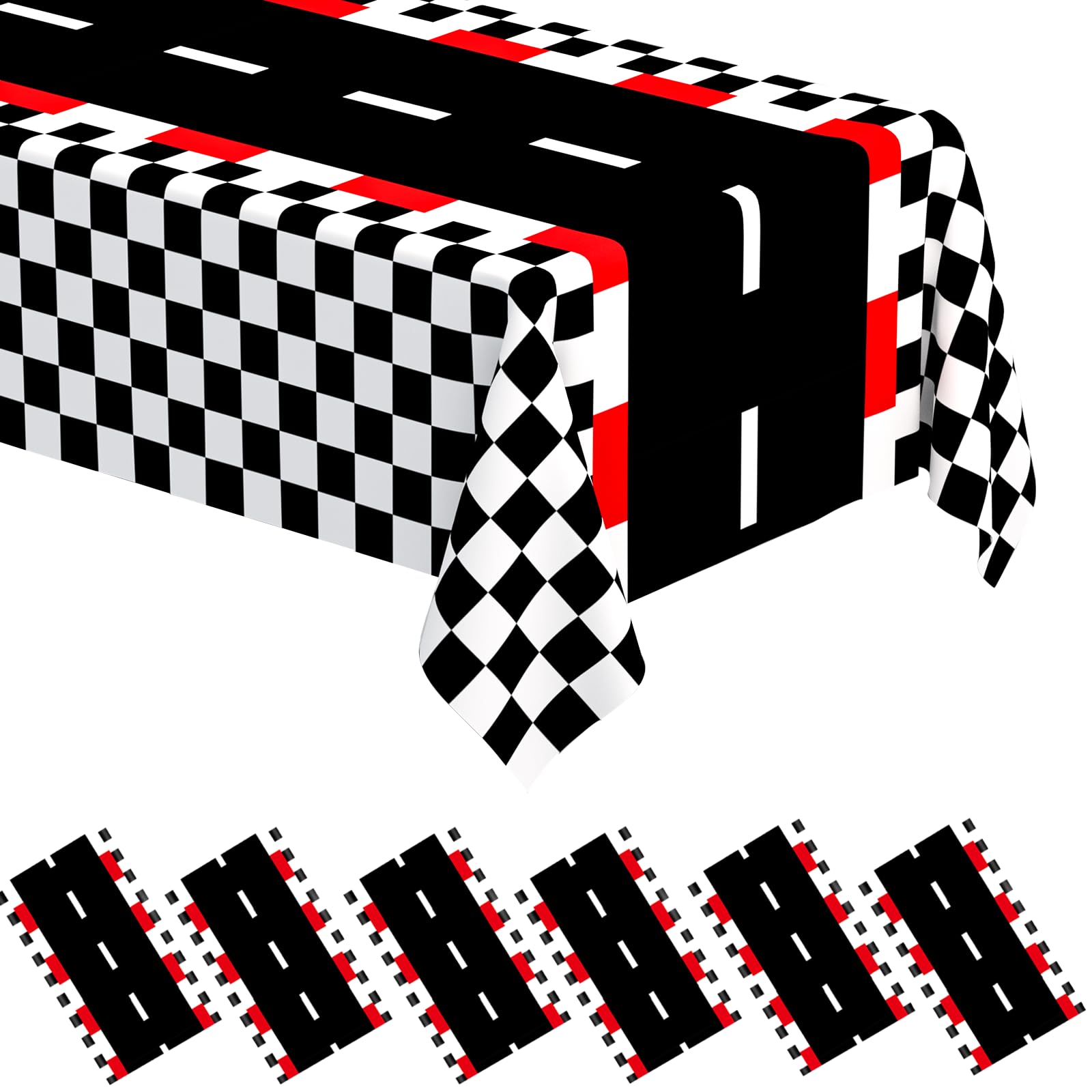WNINK 6 PCS Racing Car Theme Tablecloths Car Disposable Plastic Tablecloths Black Checkered Flag Table Covers Racetrack Rectangular Tablecloth for Race Car Birthday Party Decorations, 54 x 108 Inch