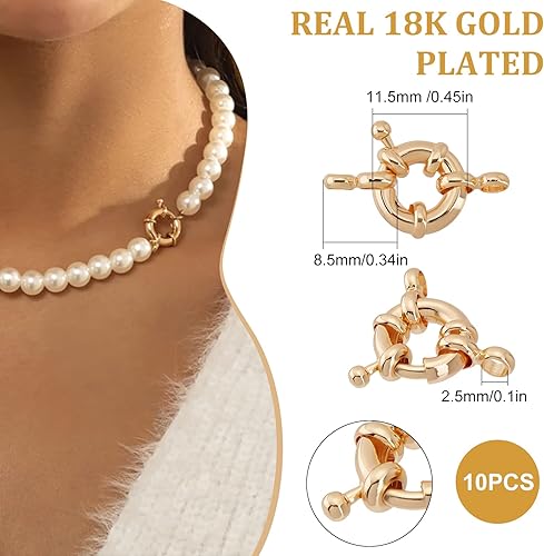 Miniatura 2 de Beebeecraft 10 unidscierre de anillo de resorte redondo chapado en oro de 18 quilates con 2 agujeros para fabricación de joyas de bricolaje